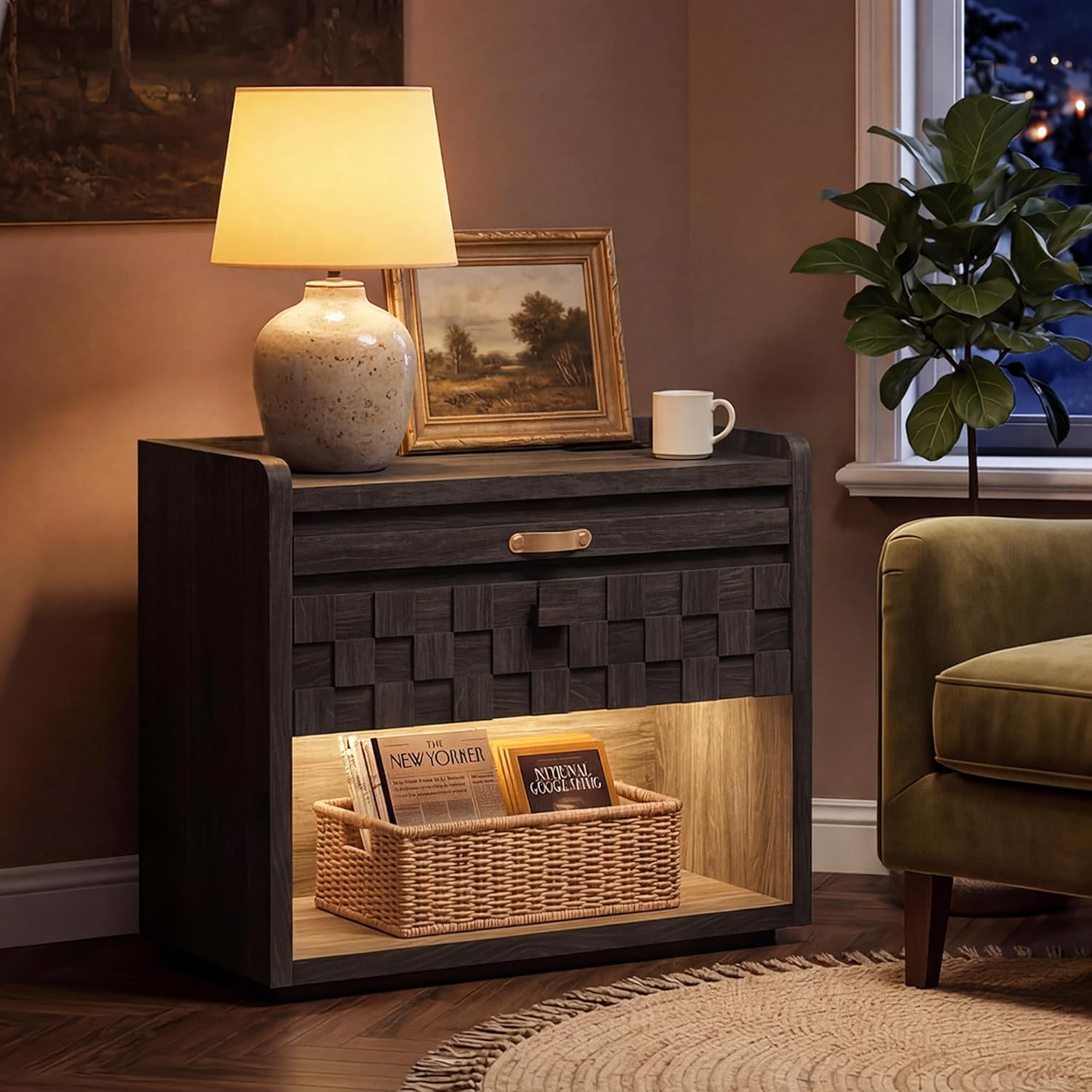 31" Wide Extra Large Night Stand with Charging Station, Oversized Nightstands with Led Lights, Bedside Side Table with Pull-Out Tray & Drawers, End Table with Open Storage for Bedroom, Living Room
