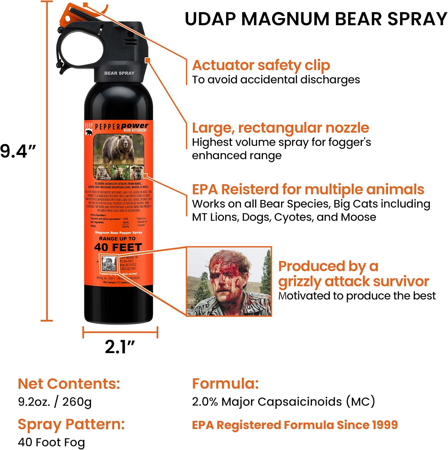 UDAP 15SO Pepper Power Magnum 40 Foot Bear, Mountain Lion, Coyote, Dog, & Moose Spray Self Defense Deterrent with Griz Guard Holster for Camping, Hiking, Fishing, Hottest Powerful Blast 9.2 oz