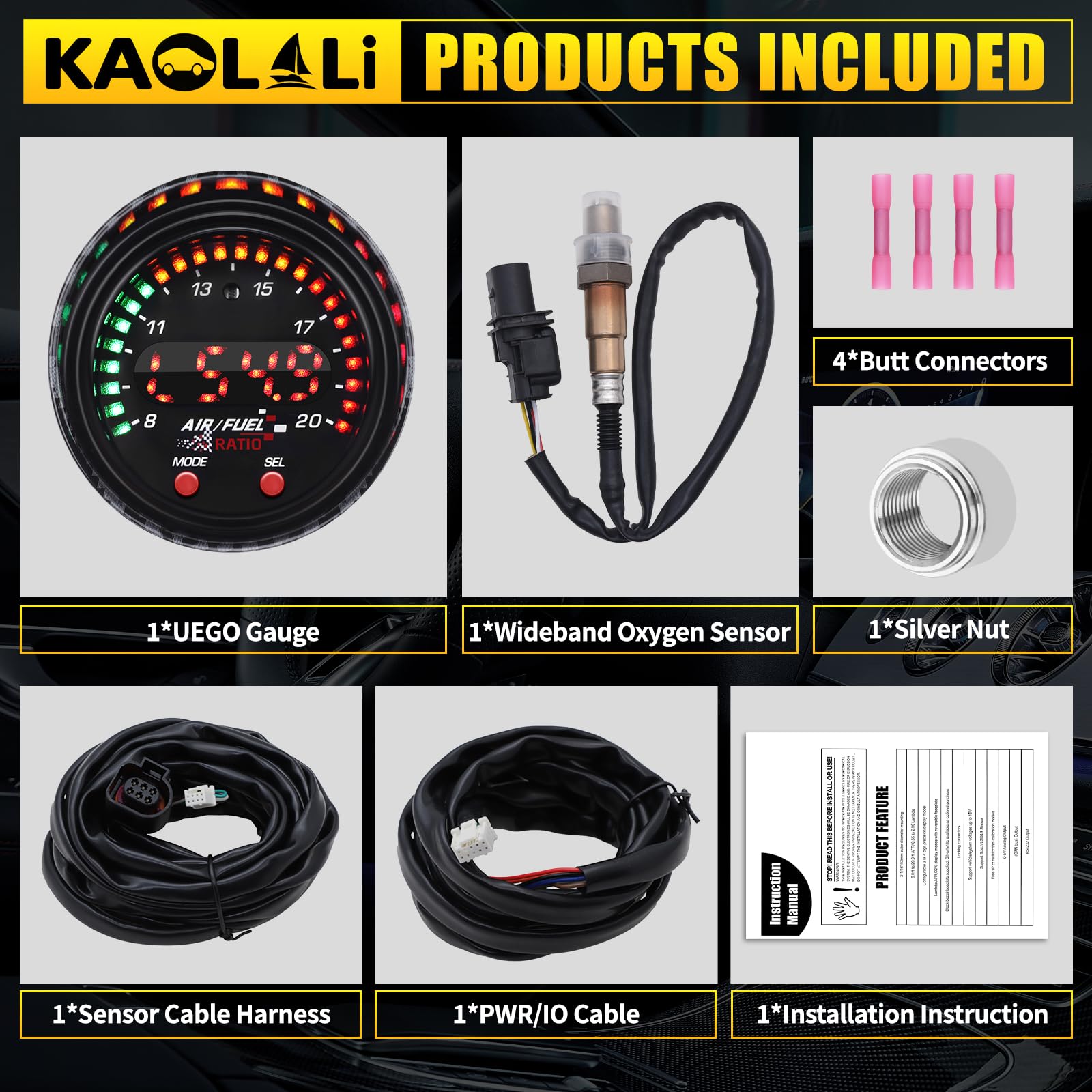 KAOLALI Affichage du Contrôleur de Capteur AFR, 30-0300 X-Series Wideband UEGO AFR Contrôleur Contrôleur Gauge 30‑0300 Ratio de Carburant d'air Affichage de 52mm (2-1/16”) Auto