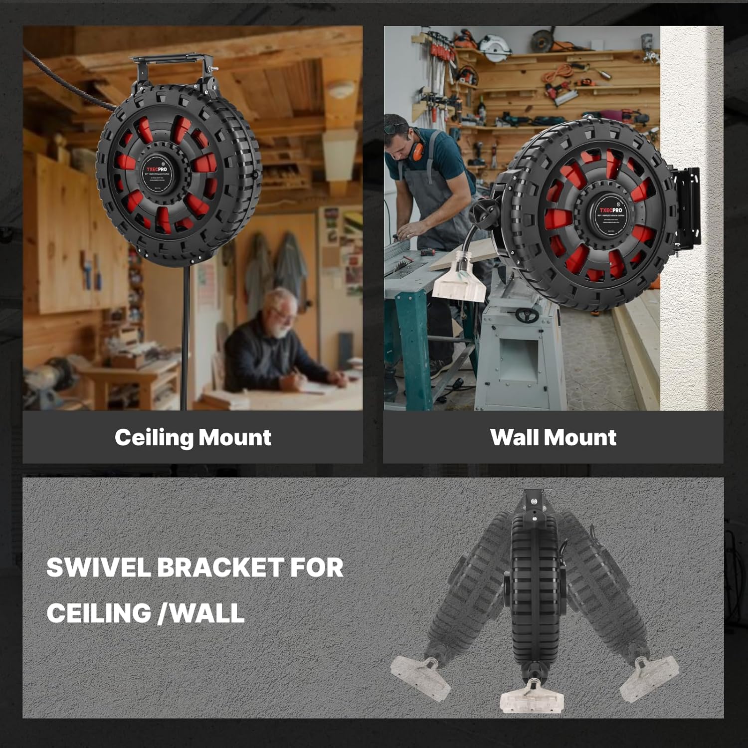 14 Gauge Retractable Extension Cord Reel, 60 FT 14 AWG/3C SJTOW Heavy Duty Power Cord, 3 Outlets Triple Tap, 13 AMP, Ceiling/Wall Mount for Garage and Shop,UL Listed