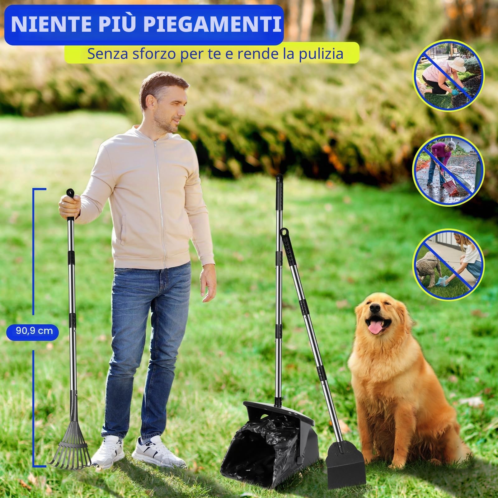 Paletta raccogli cacca cani con 20 sacchetti per rifiuti Set di Pooper Scooper da 100cm a Manico Lungo per Cani per Prato Giardino Ghiaia Erba Non si piega Portatile Ideale per Rimuovere la Cacca