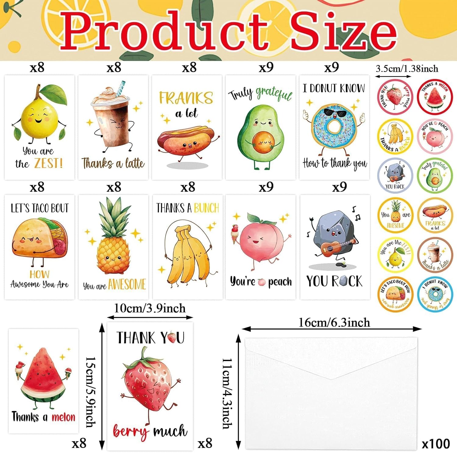 100Pcs Funny Thank You Cards With Envelopes & Stickers Employee Appreciation Cards Blank Inside Staff Cute Pun Card for Teachers Appreciation Kids Coworkers Business Assorted Greeting Card 6x4In