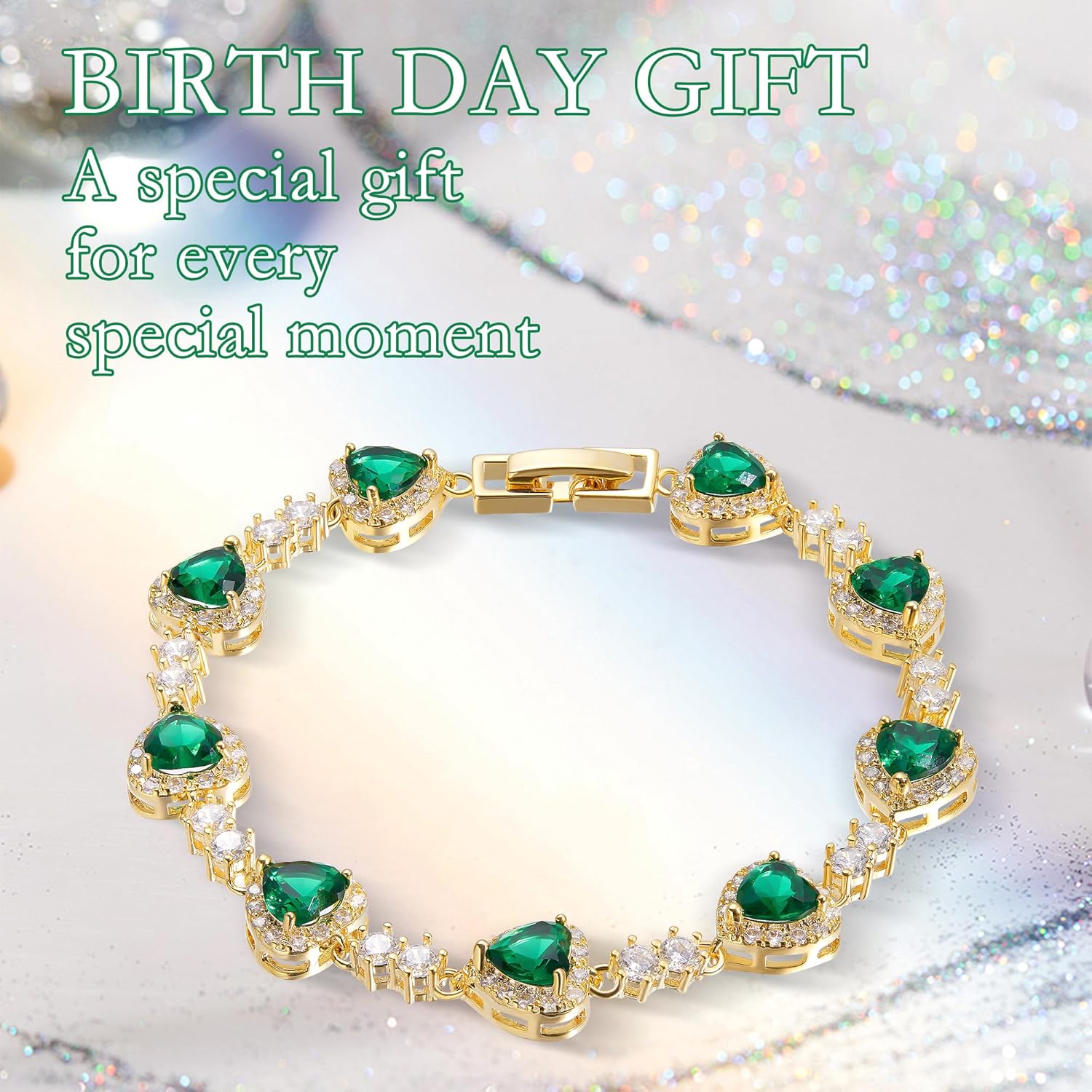 Birthstone Bracelets for Women 925 Sterling Silver Heart Charm Created Gemstone Cubic Zirconia Bangle Tennis Bracelet Jewelry Anniversary Birthday for Mom Wife (GS-AX-GREEN) - Image 2