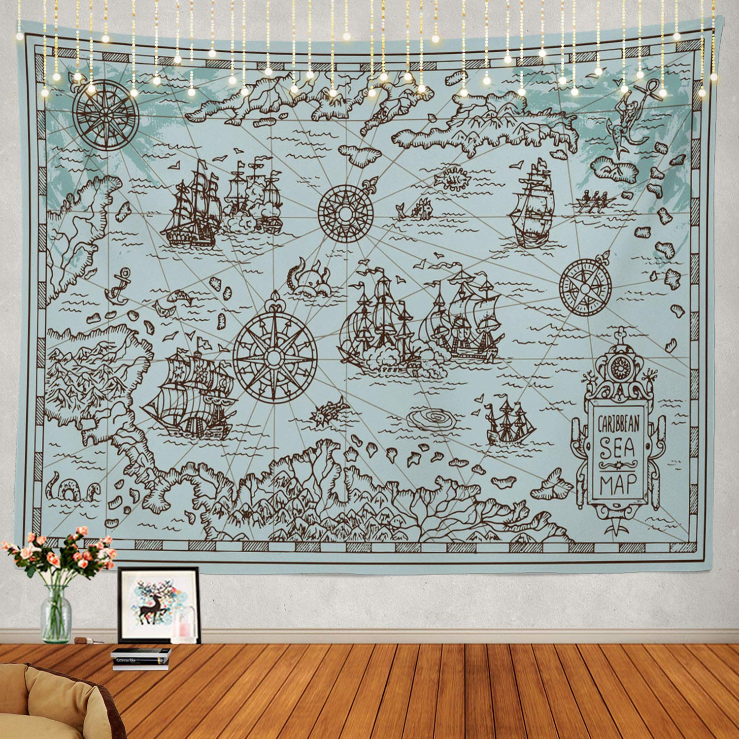 Shrahala Old Map of the Caribbean Sea Tapestry Wall Hanging for Kids Student, Pirate Ships Treasure Islands Educational Tapestry for School Classroom Dorm Room Bedroom 51.2" L x 59.1" W,White Blue