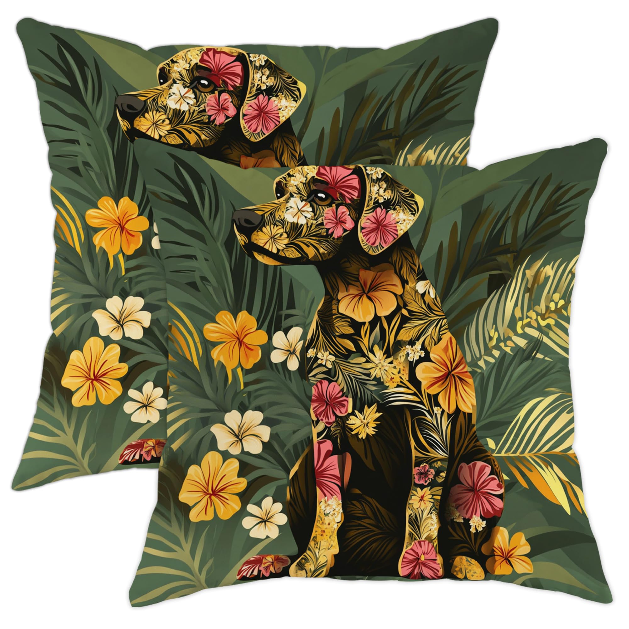 Floral Dog Pillow Covers Set of 2, Black Labrador Print Throw Pillows Case, Tropical Decorative Square Home Decor Cushion Covers for Couch Sofa 16x16 Inch