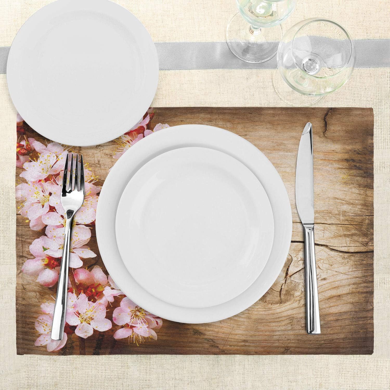 Ambesonne Floral Place Mats Set of 4, Spring Blossom Orchard Featured Plant on Wooden Board Background Image, Washable Fabric Placemats for Dining Table, Standard Size, Sand Brown