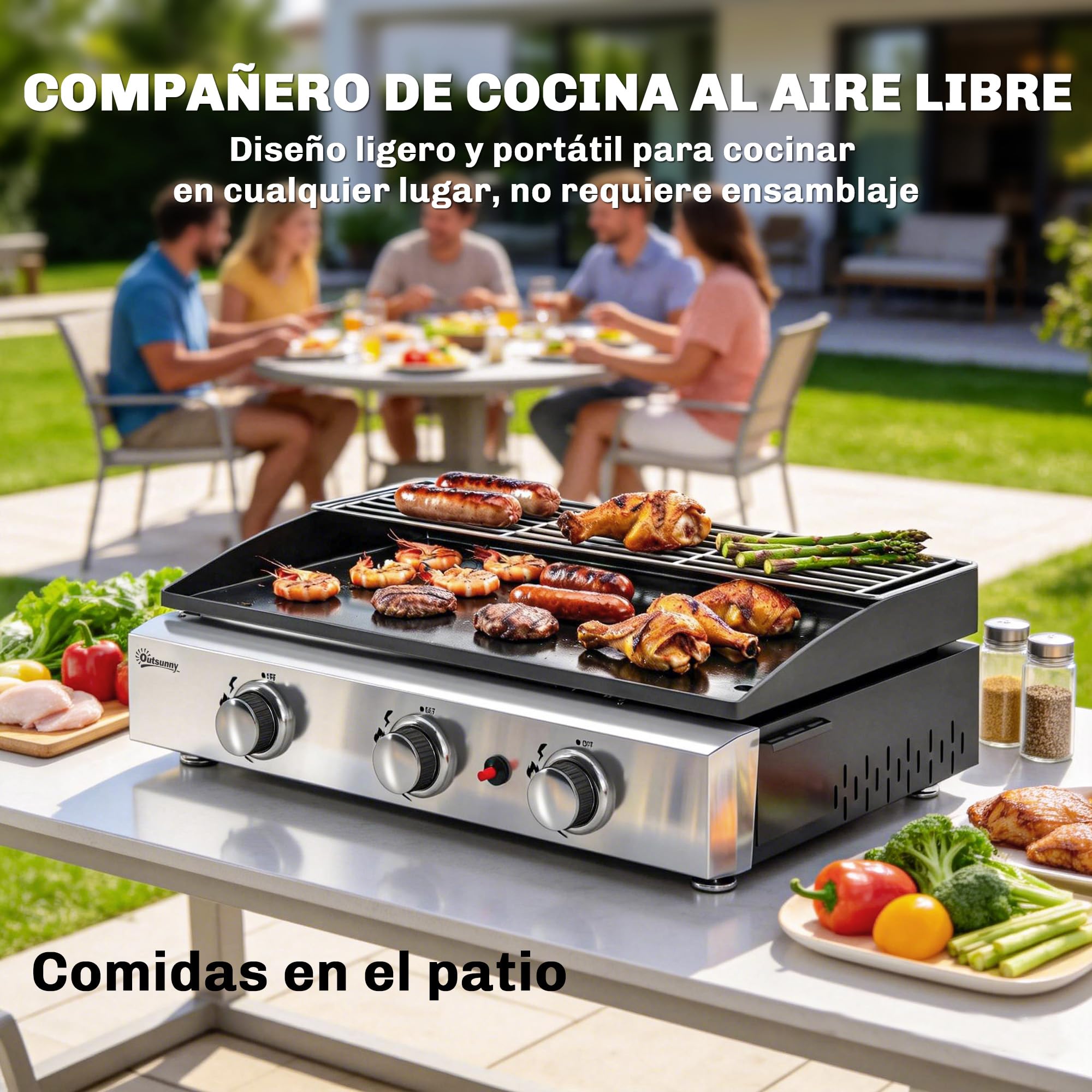 Outsunny Barbacoa de Gas BBQ Gas con 3 Quemadores 7,5 kW, Barbacoa Portátil con Plancha, Rejilla Calentadora y Recogedor Grasa, para Camping, Picnic, Terraza, Negro — view 6