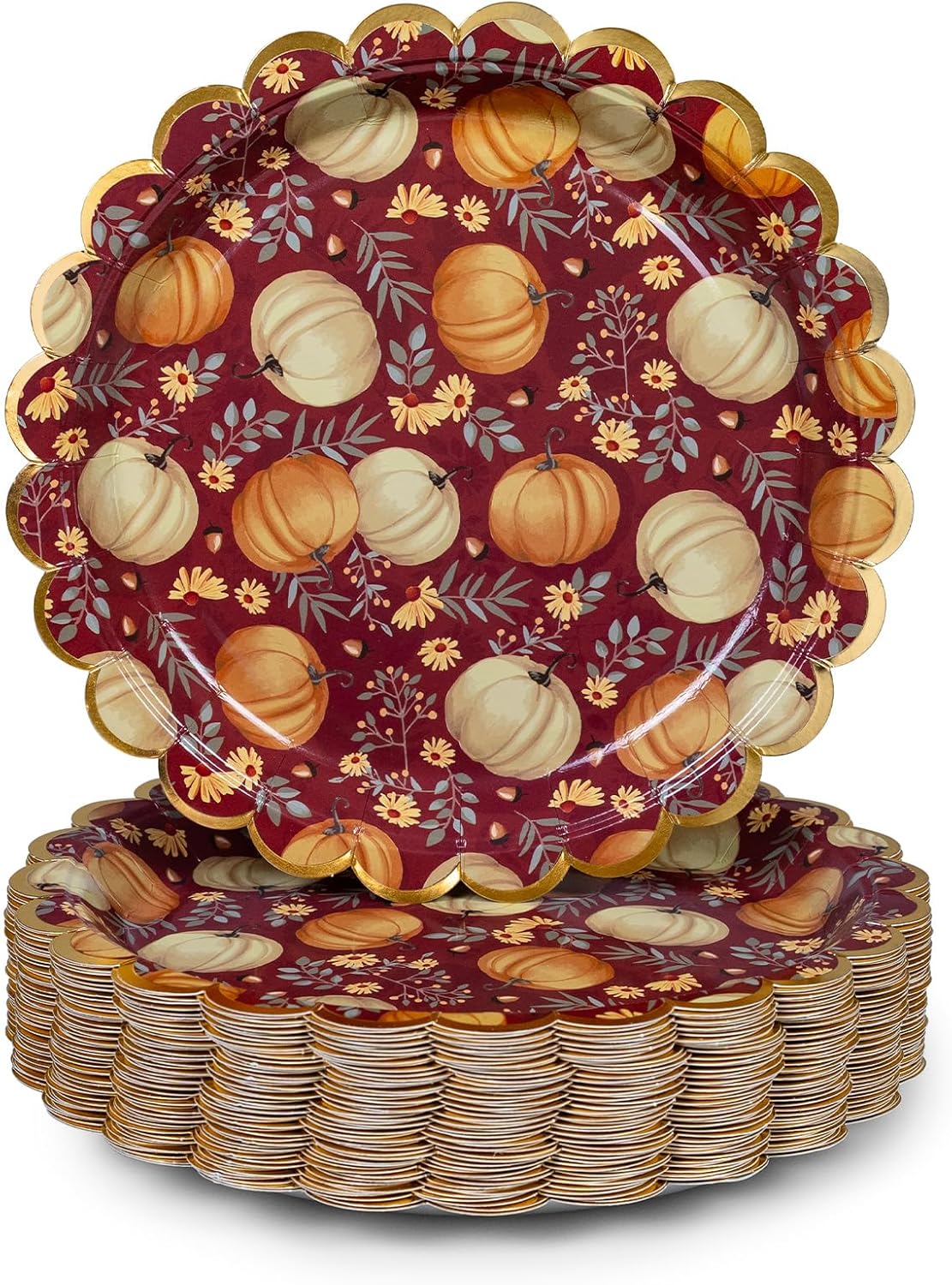 Thanksgiving Paper Plates, 50-Count Disposable Thanksgiving Dinner Plates, Scalloped, Party Supplies, Pumpkins, Red