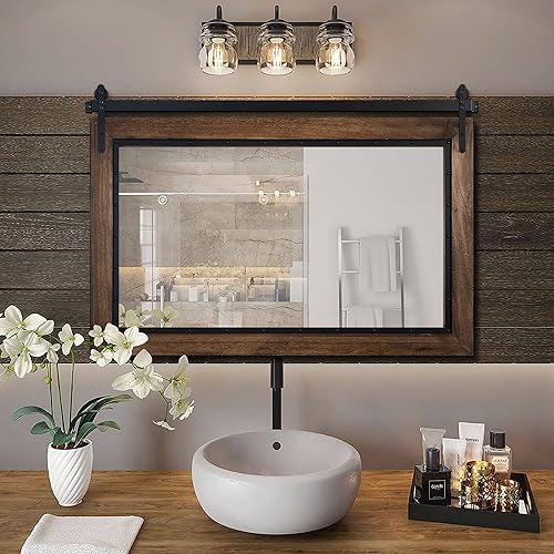 Miniatura 5 de YOSHOOT Espejo rústico para puerta de granero, espejo de baño rústico de 40 x 26 pulgadas, marco de madera, espejo montado en la pared, para sala de