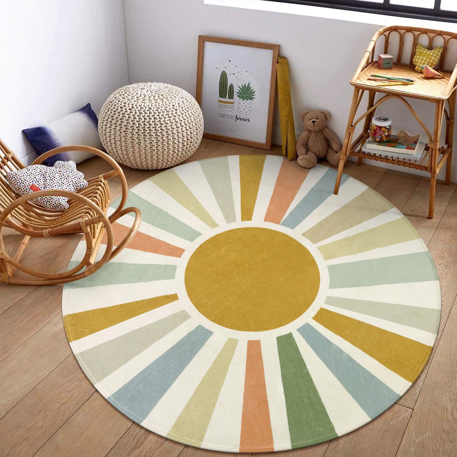Boho Sun Round Area Rug for Living Room, 6 Ft Washable Nursery Rug for Playroom, Colorful Circle Rug for Kids Bedroom, Non-Slip Circluar Carpet Soft Large Kids Rug for Classroom Dorm Kids Room