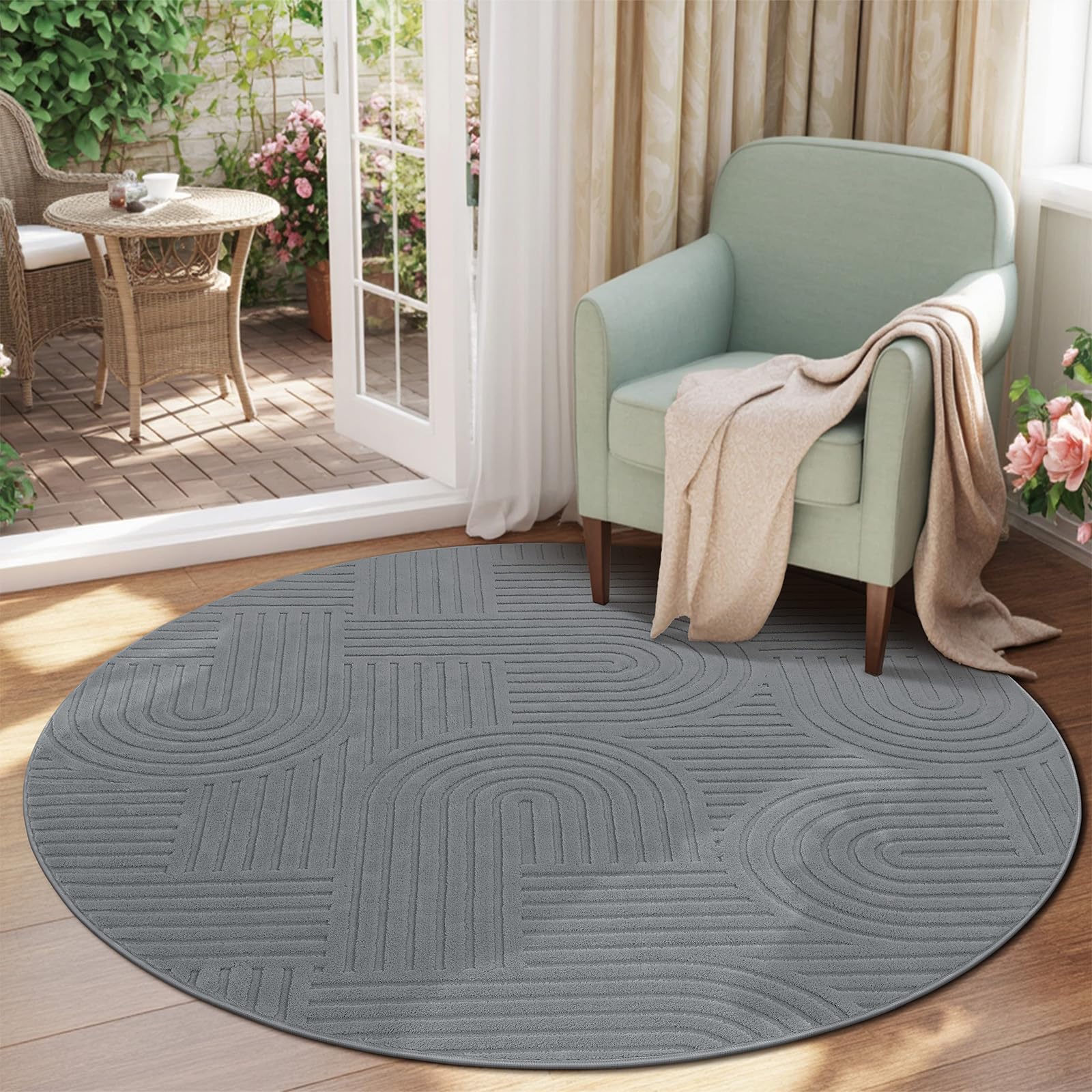 Enyhom Round Large Rugs for Living Room, 200cm Machine Washable Rugs Grey Soft Fluffy Carpet Rugs Non Slip Non Shedding Circle Rug for Bedroom Office Dining Room Lounge