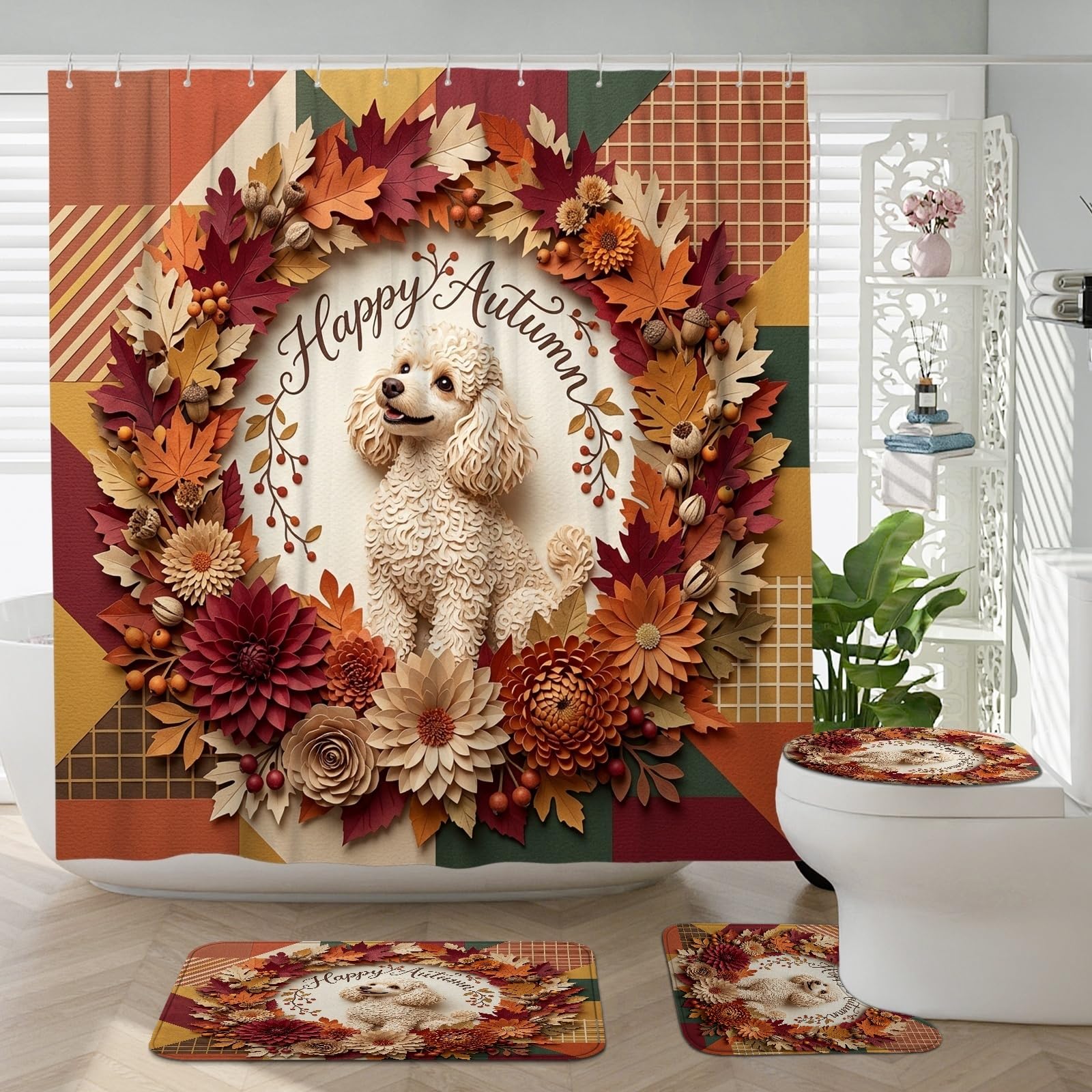 Accessoires de salle de bain caniche d'automne avec tapis antidérapant et abattant