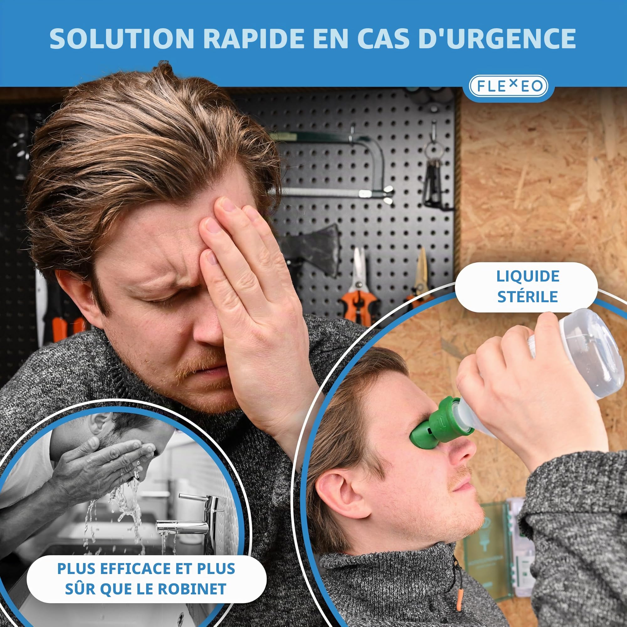 FLEXEO Station de lavage oculaire contient 2 bouteilles de 500 ml de solution saline et support mural - stérile 0,9 NaCl - eyewash - Rince-œil - station d'urgence