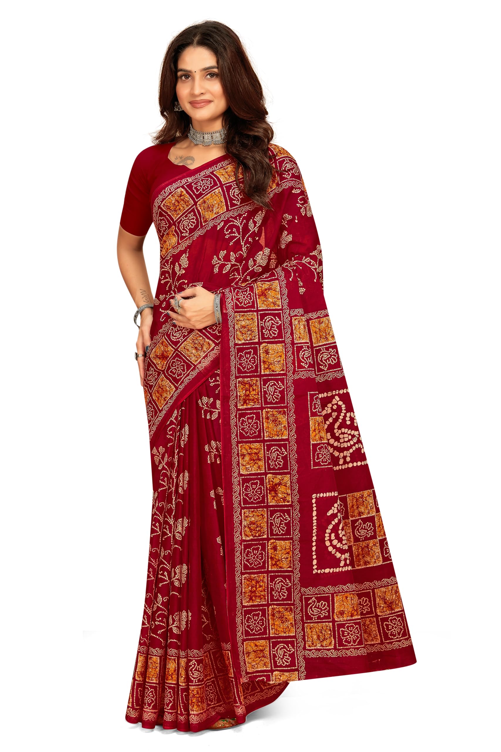 Tamaira Fashion Women's Floral Batik Printed Pure Cotton Mulmul Saree Without Blouse Piece(2489_Maroon)