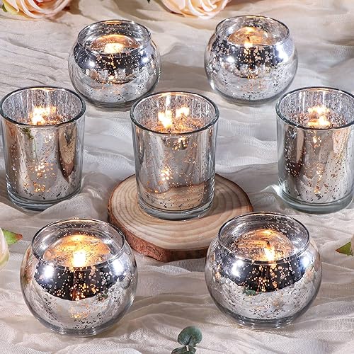 DEVI Portavelas votivas plateadas, 24 unidades, candelabros de cristal de mercurio para centros de mesa, decoración de mesa de boda para fiesta de té
