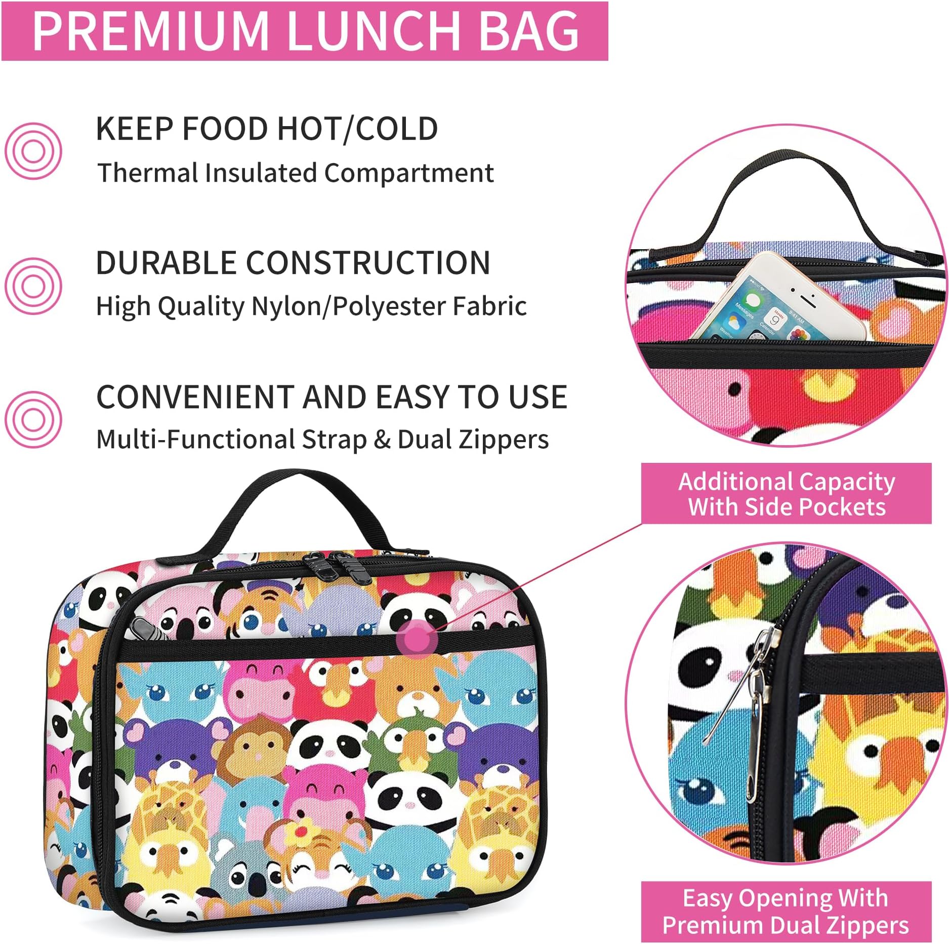 rickyh style Lunch Box with Padded Liner, Spacious Insulated Lunch Bag Durable Thermal Lunch Cooler Pack with Strap for Men Women Boys Girls Adults School Sports Beach Picnic Work Camp,2 Pocket