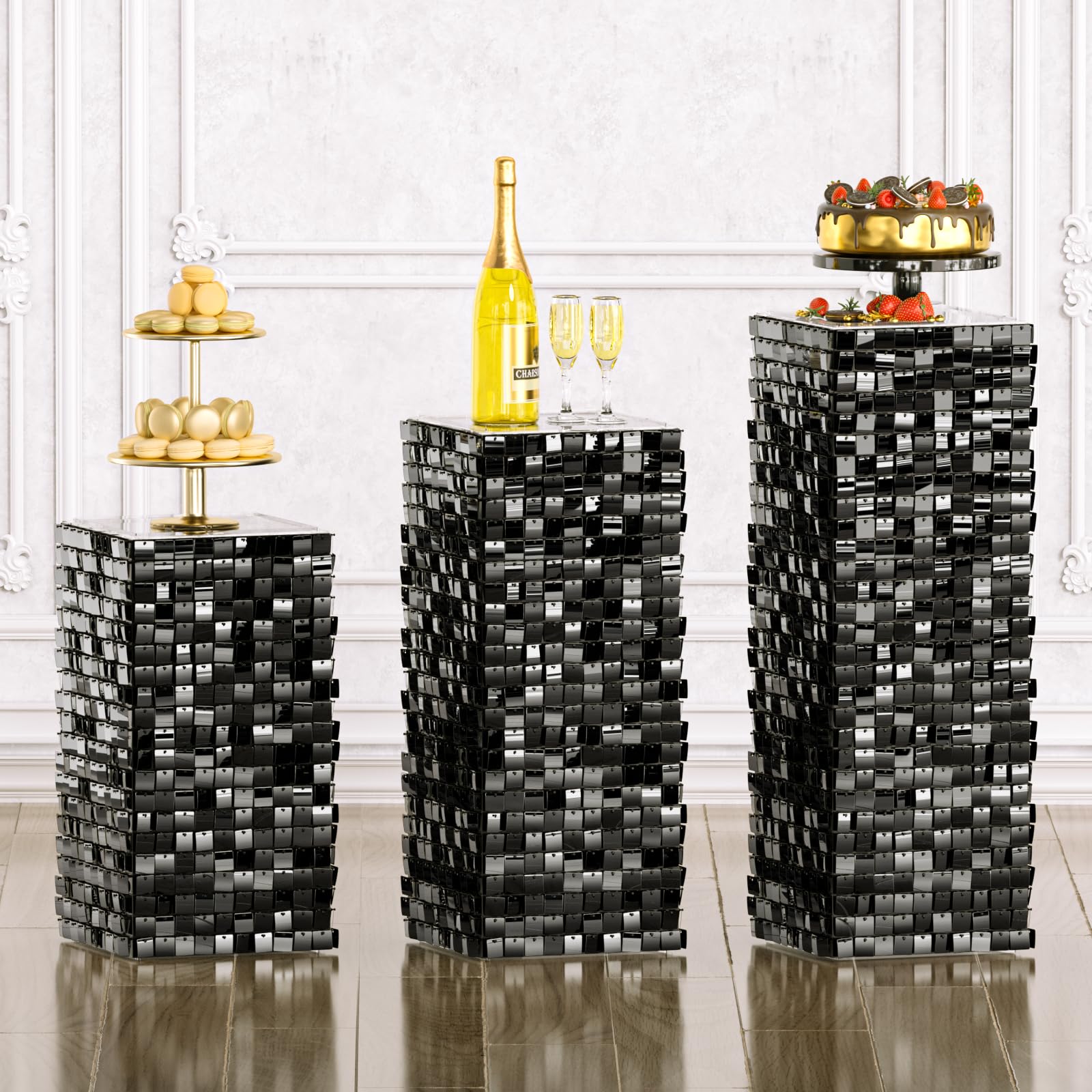 Qcity Black Shimmer Panels Pedestal Stands for Party Set of 3, Square Sequin Shimmer Display Stands, Perfect for Outdoor Events, Birthdays, Wedding and Party Decoration