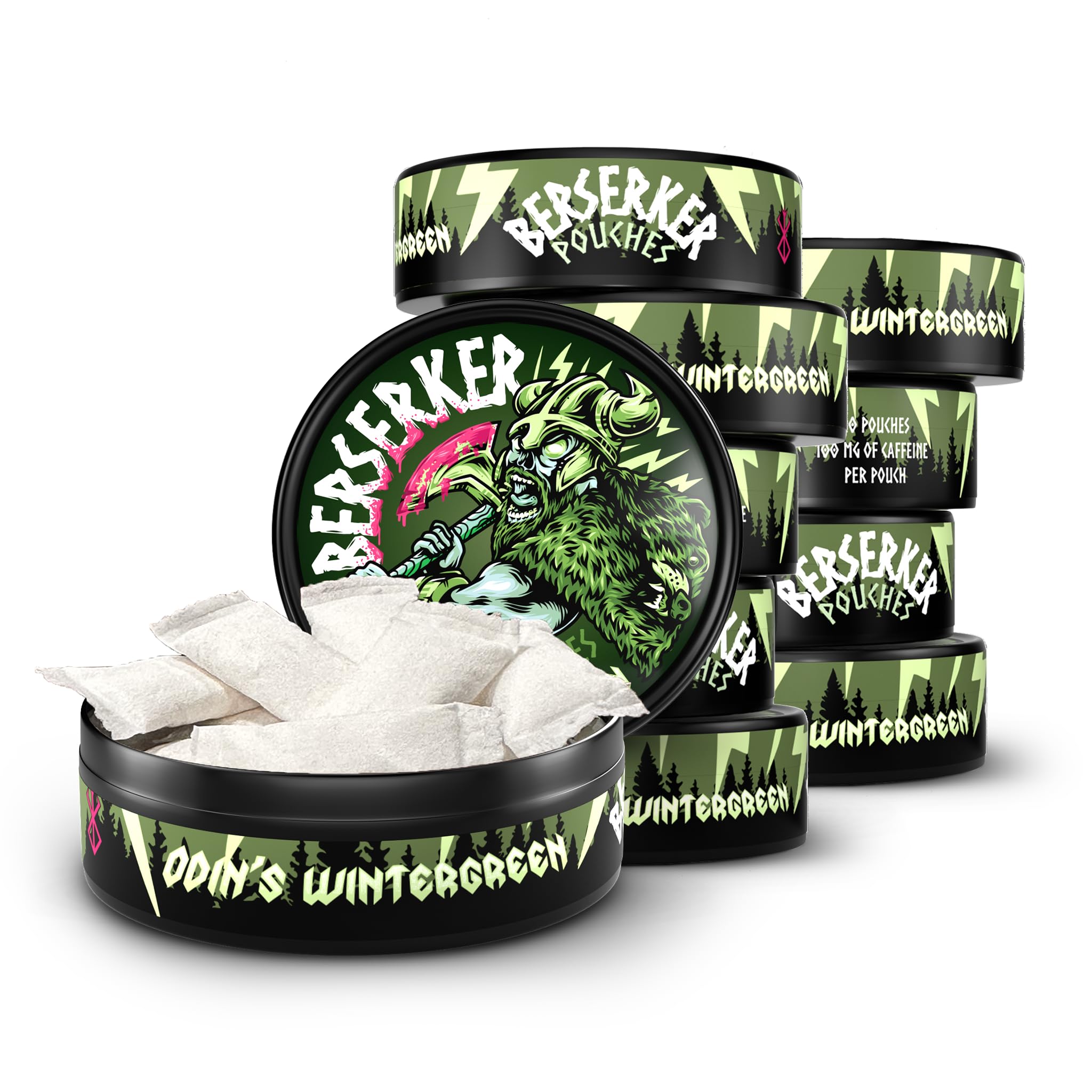 Berserker Energy Pouches - Odins Wintergreen - Caffeine Infused - 100mg Per Pouch - 10 Pack - Tobacco & Nicotine Free - Energy Drink Replacement