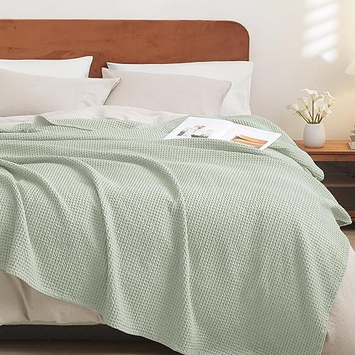 Miniatura 30 de PHF Manta de algodón prelavado con tejido de gofre tamaño throw para sofá cama, a prueba de enganches, para primavera y verano, ligera