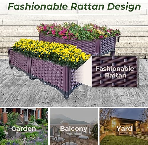 Miniatura 6 de DAWOT Cama de jardín elevada de plástico, 4 piezas, cajas de cultivo para plantas de interior al aire libre, cajas de jardín elevadas para verduras,