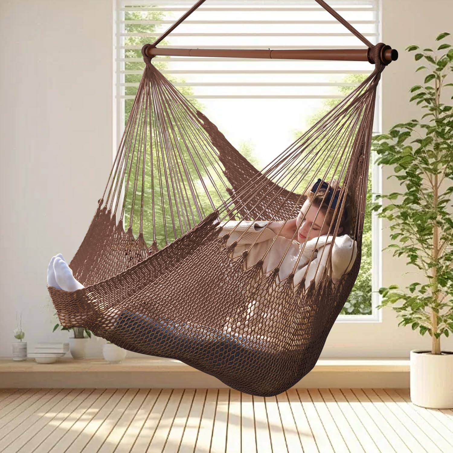 Upgraded Caribbean Hammock Chair with Detachable Metal Bar, Large Hammock Swing Chair, XL Rope Hanging Chair for Outdoor Indoor, 330lbs Weight Capacity, SaddleBrown