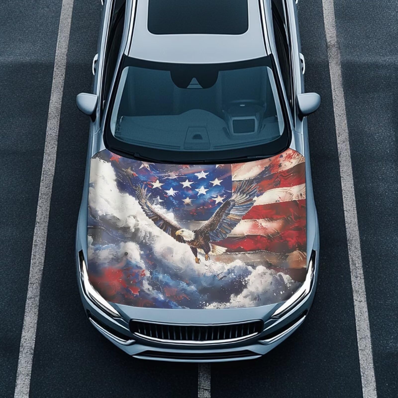 American Flag Eagle Design Car Hood Cover Protector Elastic Polyester Car Hood Wrap Blankets Auto Outdoor Patriotic Decorations Waterproof Auto Accessories for SUV Sedans Trucks Pickup