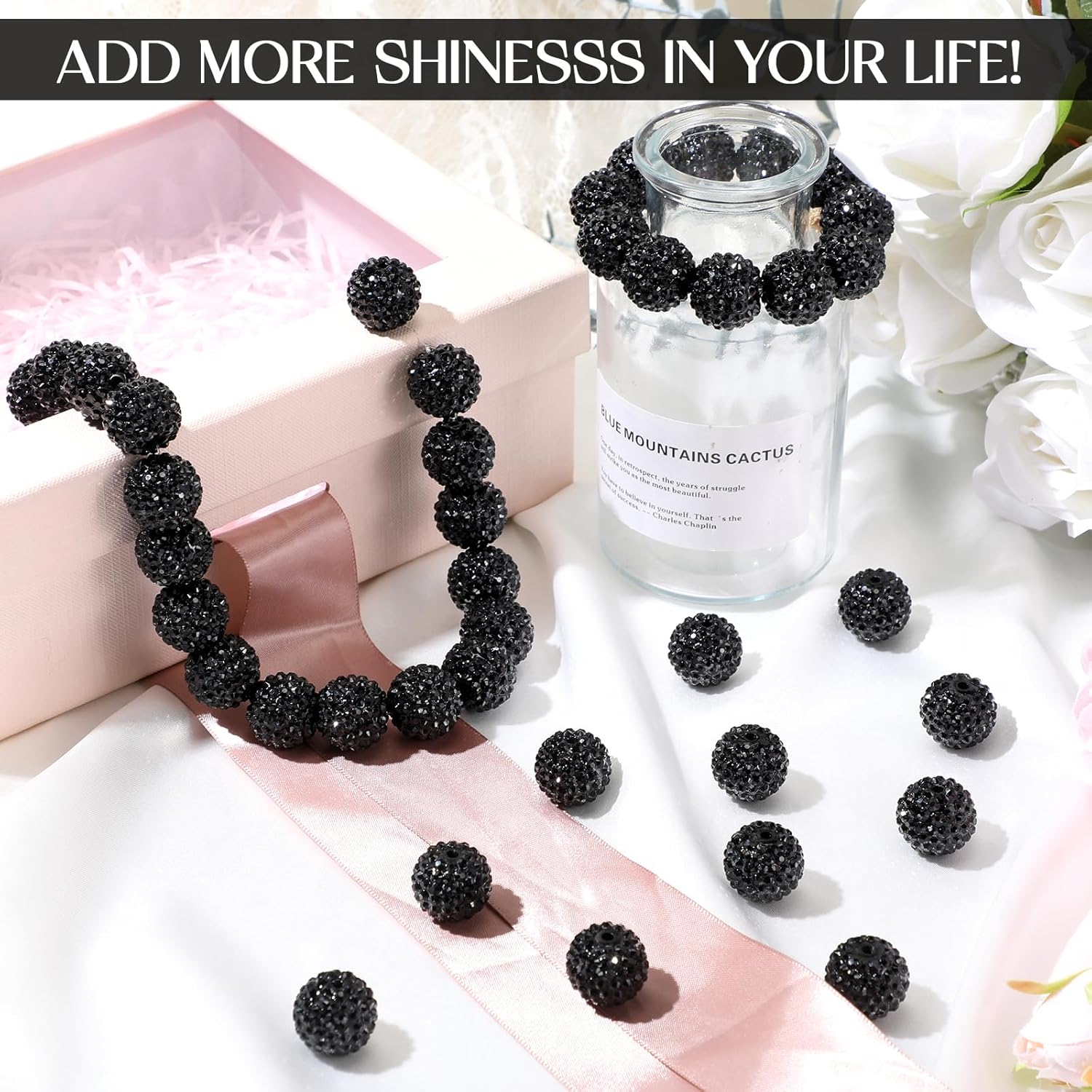 40 Pcs 20 mm Rhinestone Beads Bulk Crystal Round Disco Ball Chunky Bubblegum Beads for Pens Bracelets Charms Craft European Style Jewelry Making Supplies Christmas(Black) - Image 6