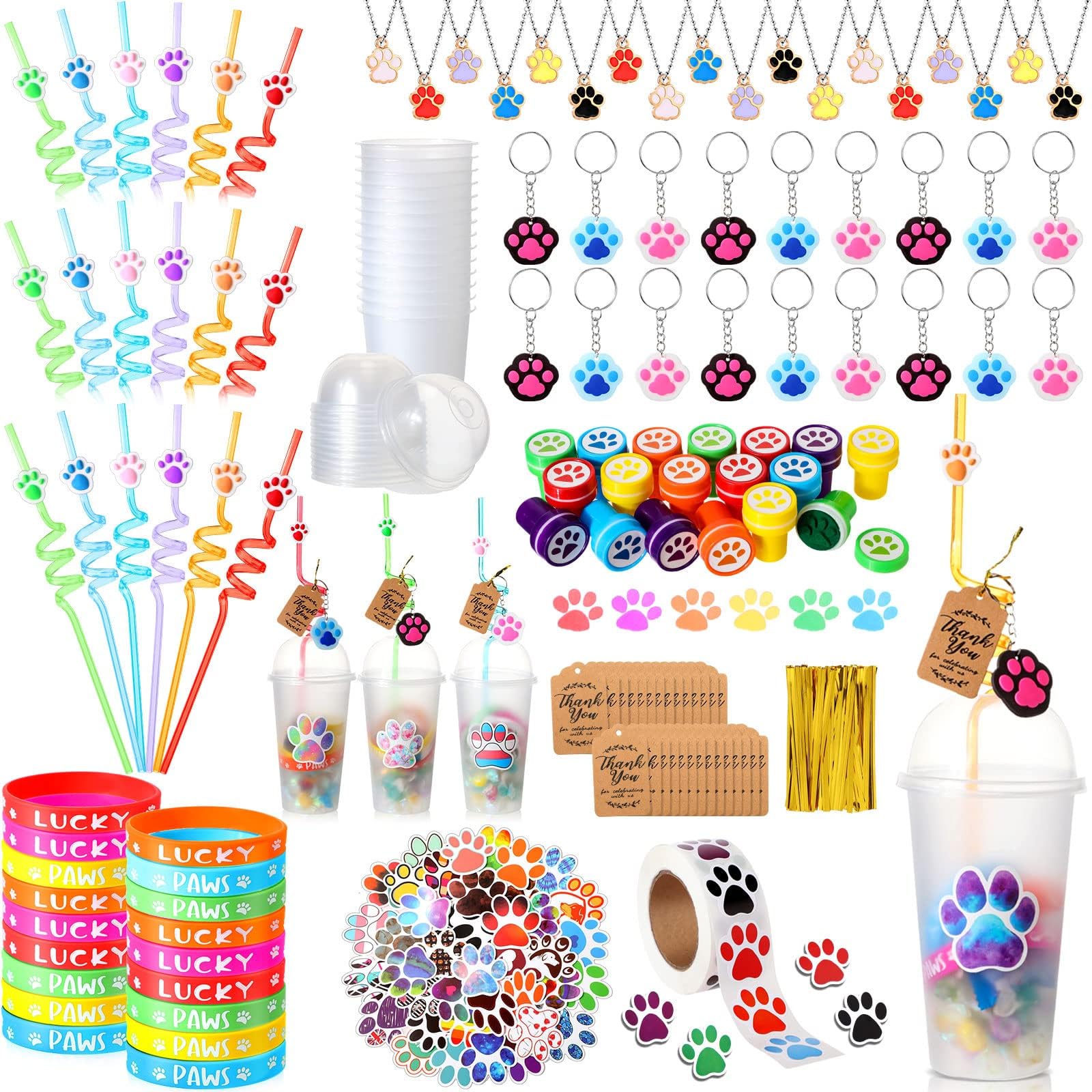 Gejoy 178Pcs Dog Paws Set includes Paw Straw Copper Silicone Bracelet Keychain Stamp Sticker Pendant Chain Thank You Tag for Boy Girl Dog Paw Theme Party Supplies (Paw)