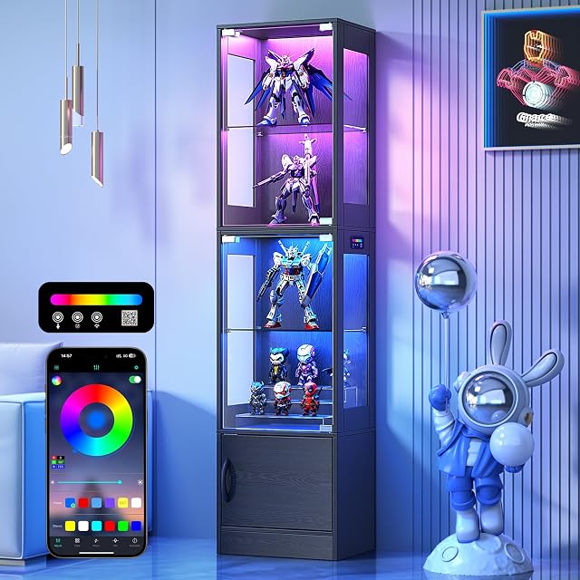 Display Cabinet with Glass Doors RGB Lighting & Bottom Storage