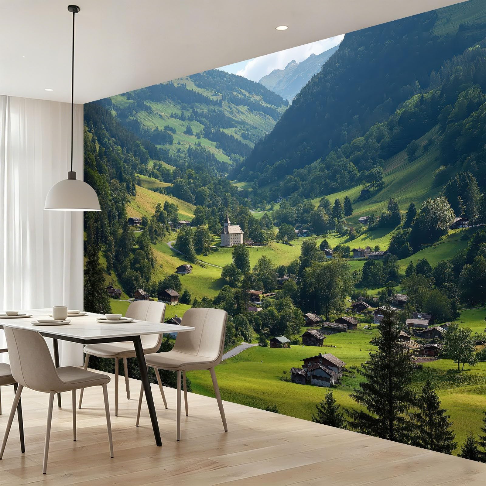 Panoramiczna tapeta 3D Ranch Valley plakat z europejskim kościołem, 400 x 280 cm (dł. x wys.) Tapeta ścienna z włókniny do salonu dziecięcego Sofa dekoracja tła TV, zielona