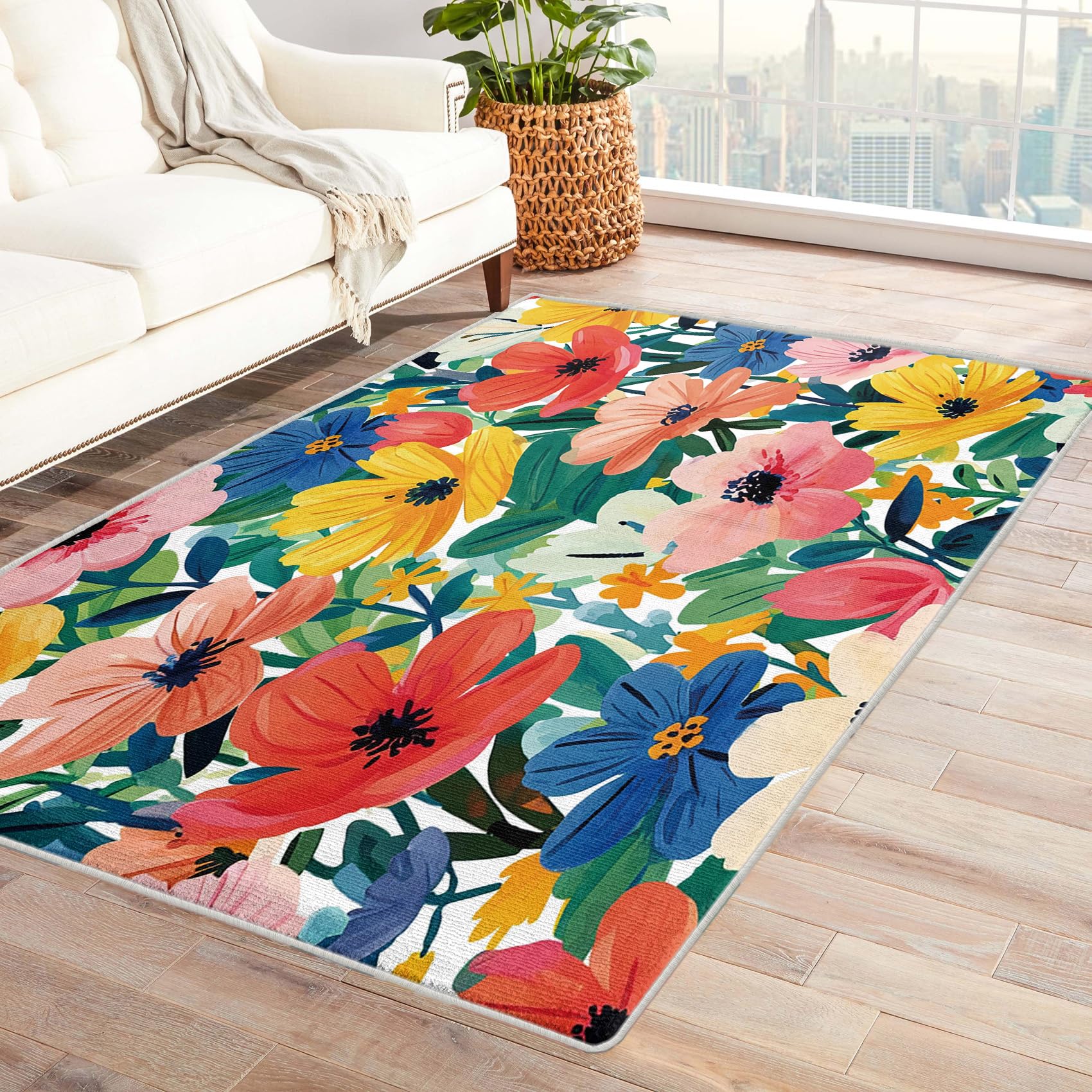 XylQfirus Colorful Poppy Area Rugs Washable 5x8 Rugs Floral Rugs for Bedroom, Home Decor Soft Low Pile Flannel Flower Carpet, Non-Slip Area Rugs for