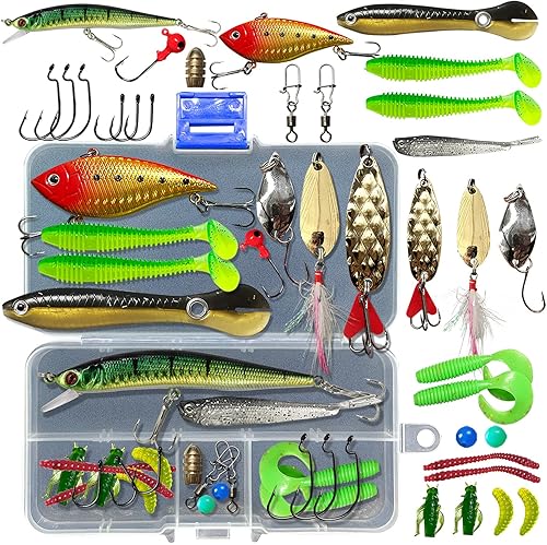 Kit de señuelos de pesca, incluyendo cebos, anzuelos, palas, lombrices, plomos, ganchos, caja de aparejos y más equipo de pesca para truchas y