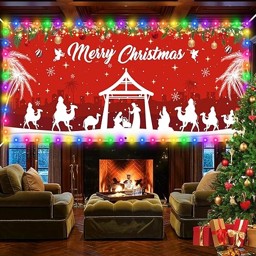 Miniatura 4 de Cartel religioso de Navidad para puerta de garaje, decoración grande de Feliz Navidad, cubierta de puerta santa con luces LED, cuerdas, telón de