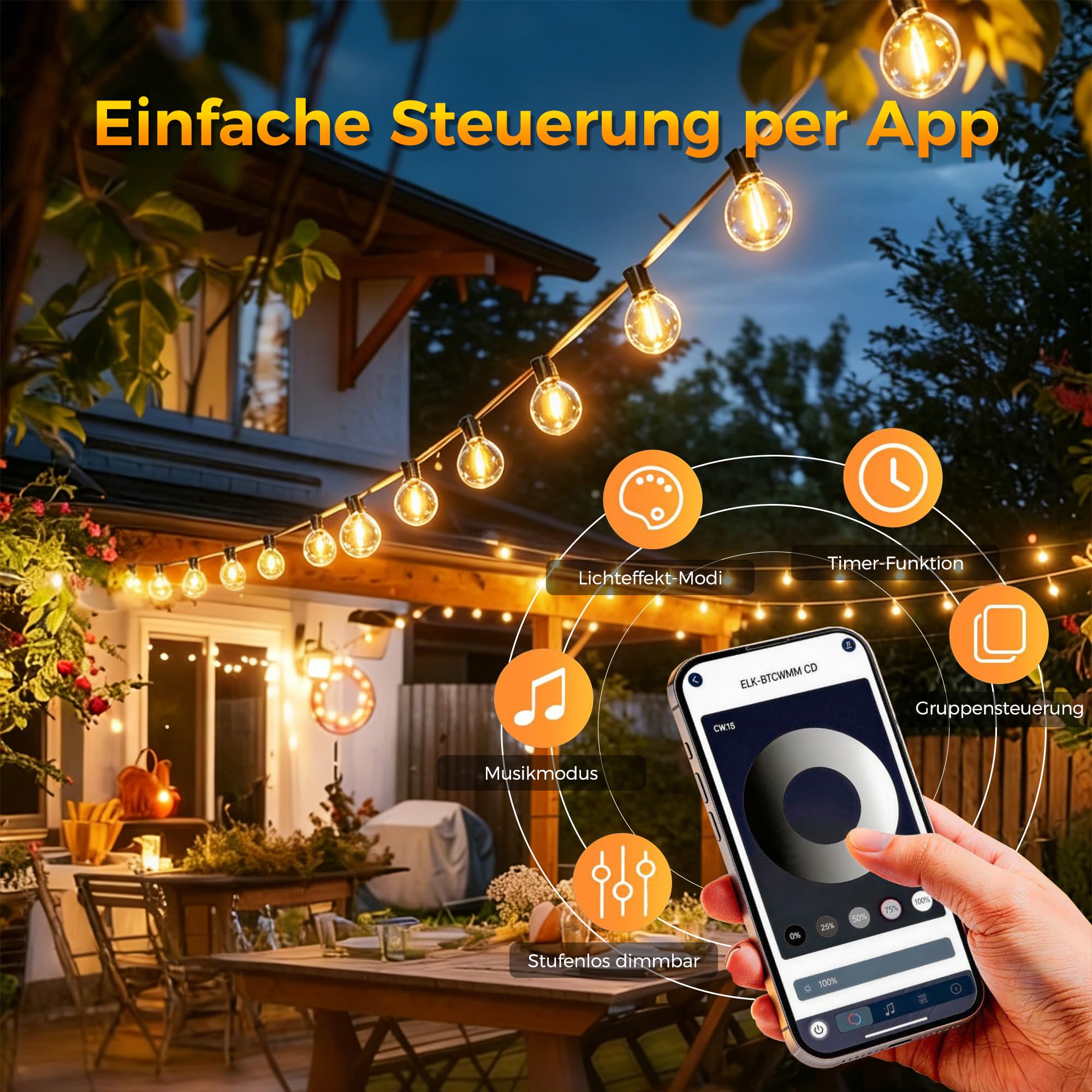 HeiPard Lichterkette Außen Strom Outdoor 30M mit 42+2 G40 LED Glühbirnen | App Steuerung & Fernbedienung, Musik-Sync, Dimmbar, Timer, IP44 Wetterfest für Garten, Balkon, Pavillon, Party