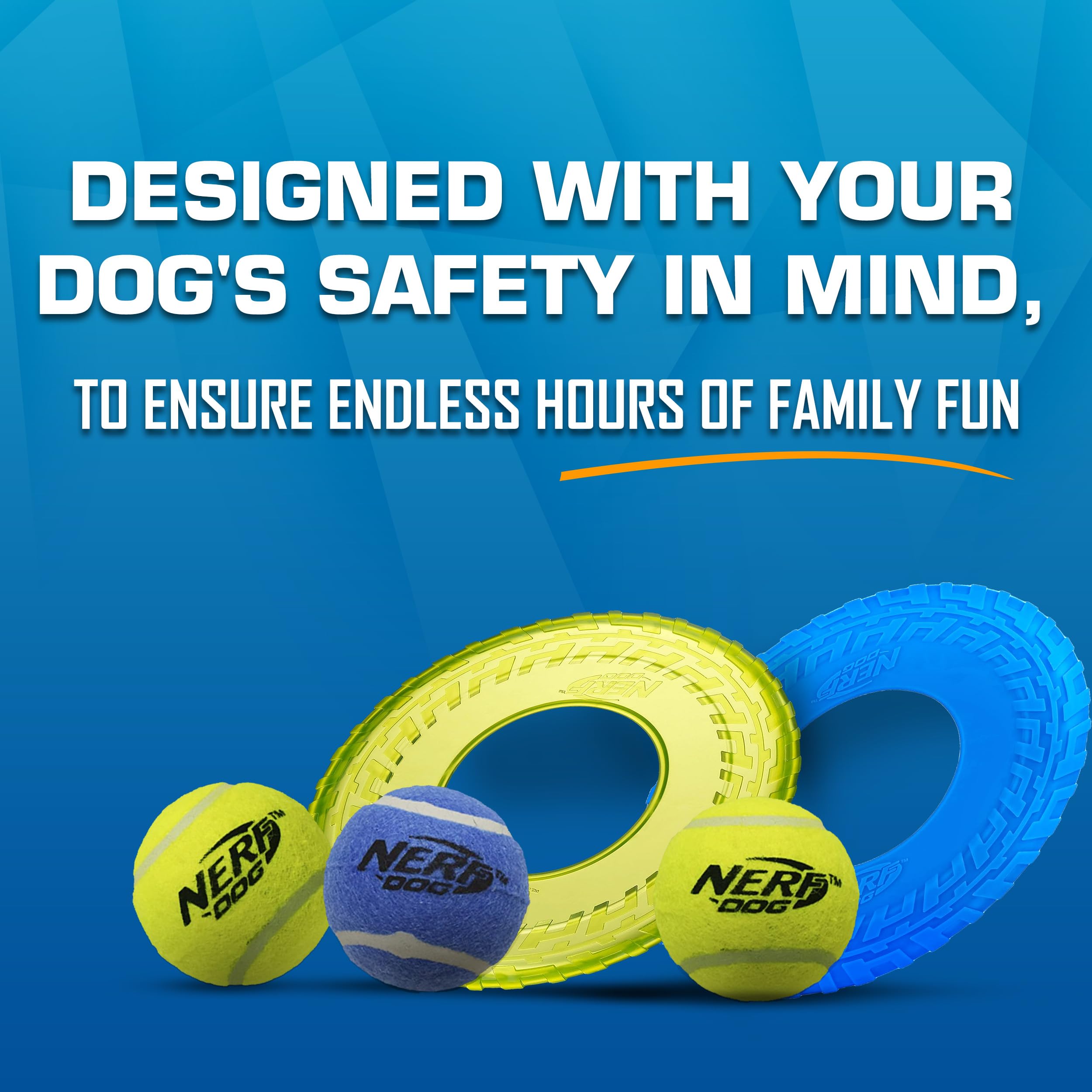 Nerf Dog Juego de Regalo de 5 Piezas para Perros, Incluye Pelota de Tenis chirriante de 2.5 Pulgadas, Paquete de 3, Volante de neumáticos TPR translúcido de 10 Pulgadas y Volante de neumáticos TPR de