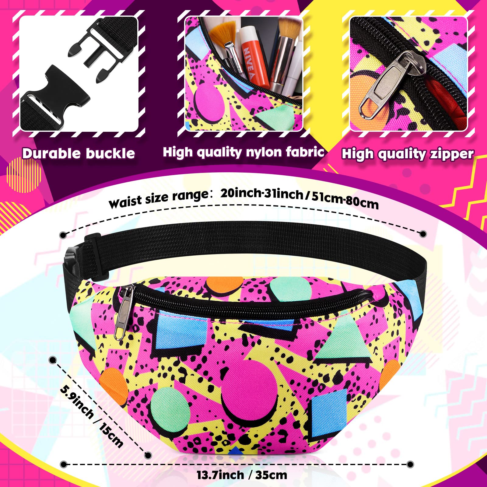 3 Riñoneras de los años 80 y 90, bolsas de cintura retro de neón de los años 80 y 90, accesorios de atuendo para hombres y mujeres, bolsas casuales ajustables para cinturón de senderismo vintage 2