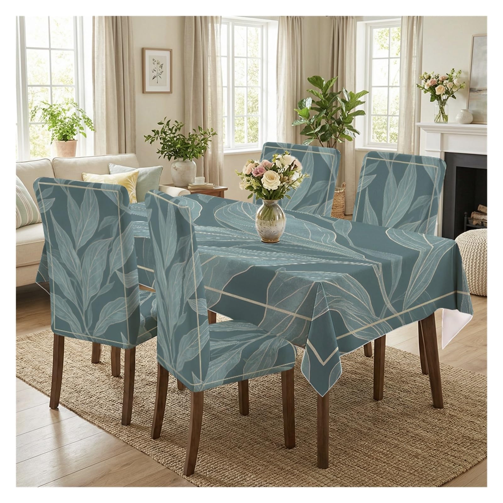 KXUAUV Minimalist Teal Leaf Print Stretch Dining Chair Covers & Tablecloth Set, 5/7 Pack Party Decor(5pcs Set: Tablecloth+Chair Covers)