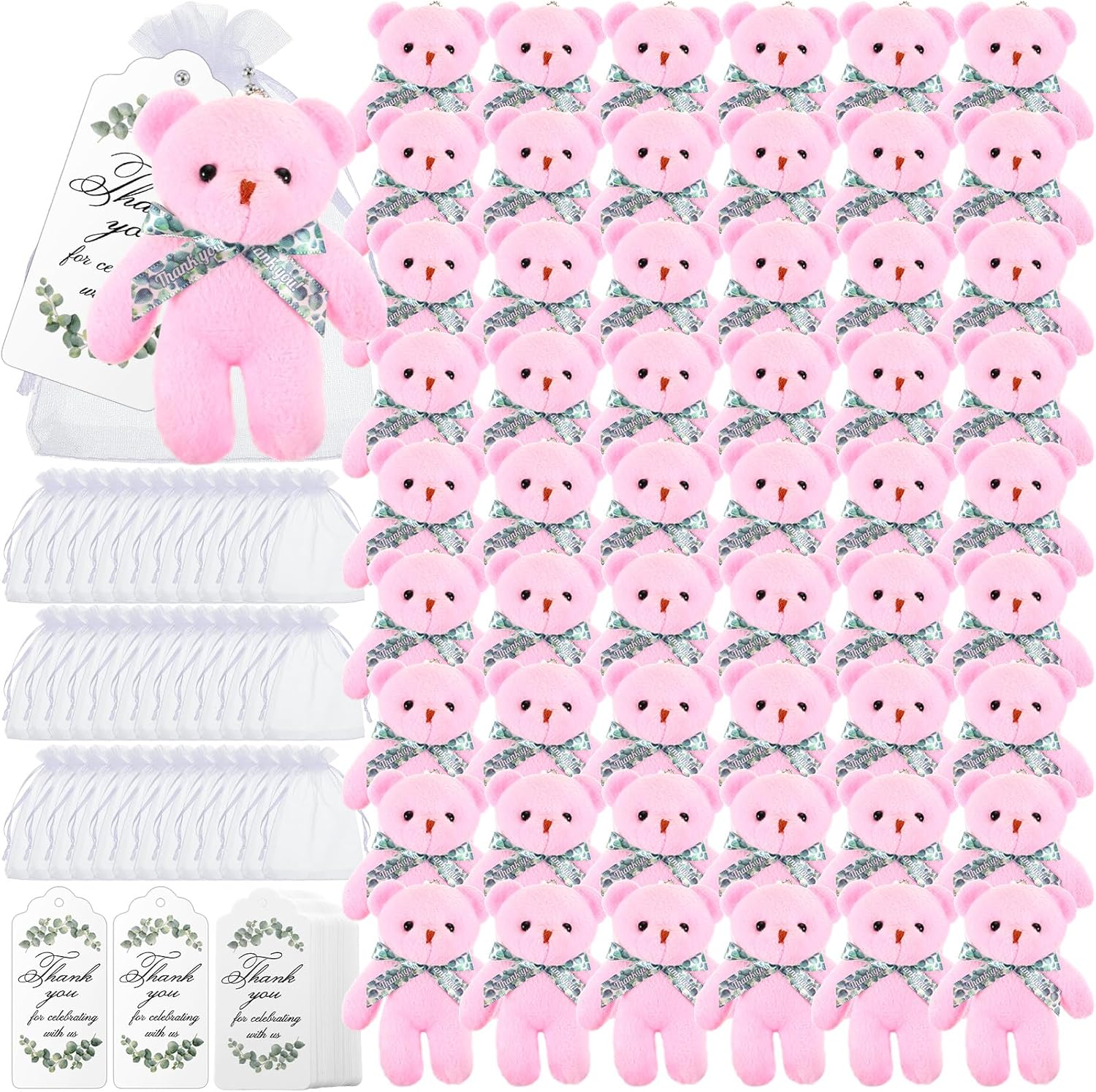 wettarn 50 sets small tiny plush bear bulk 4.72 inch mini stuffed animals small bear party favors with thank you tags and mesh bags for diy keychain birthday(pink)