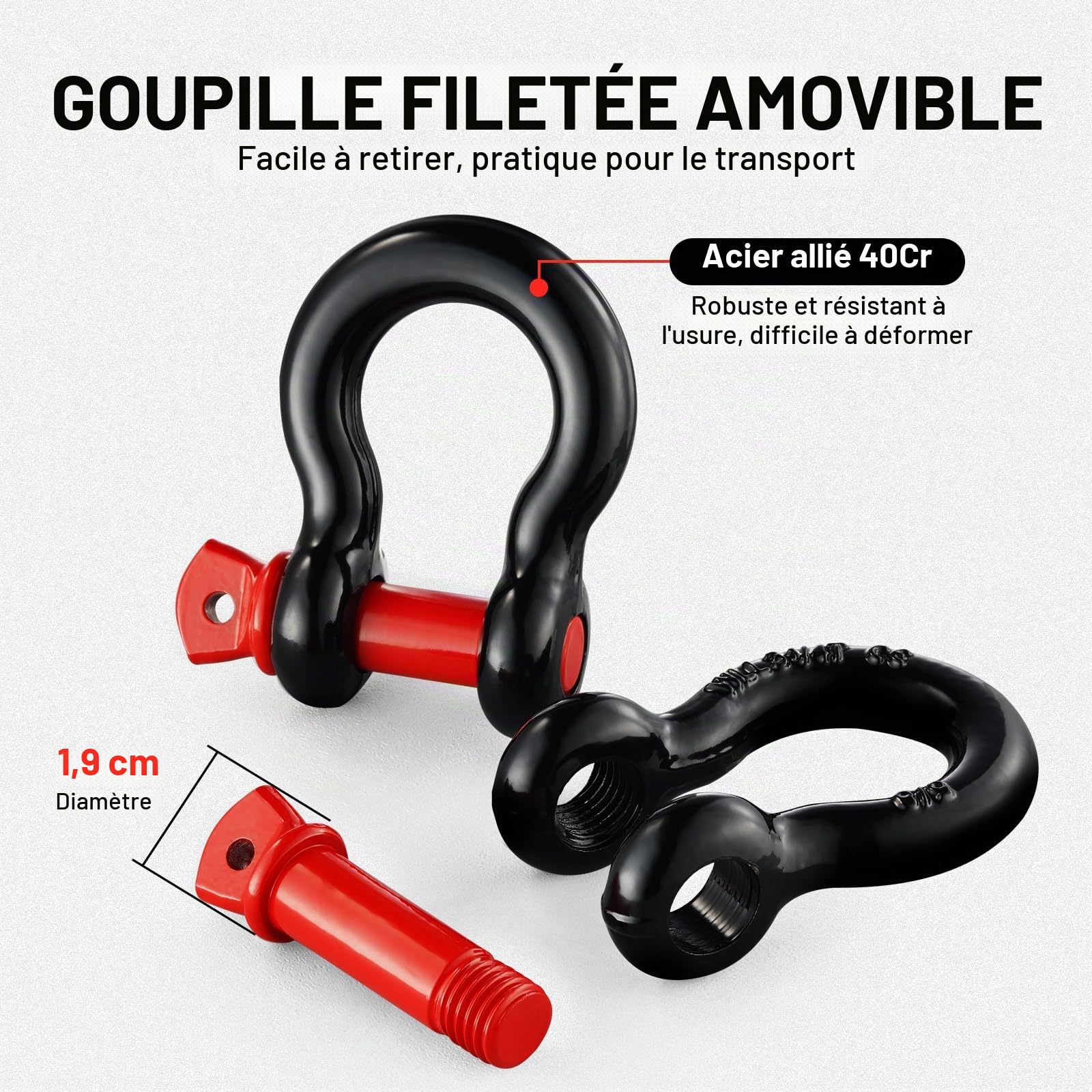 VEVOR Manille à anneau D 16 mm, lot de 4 manilles de remorquage acier allié, résistance à rupture 13 t avec goupille à vis 19 mm, manilles accessoire de récupération pour VTT, camions, jeep, noir