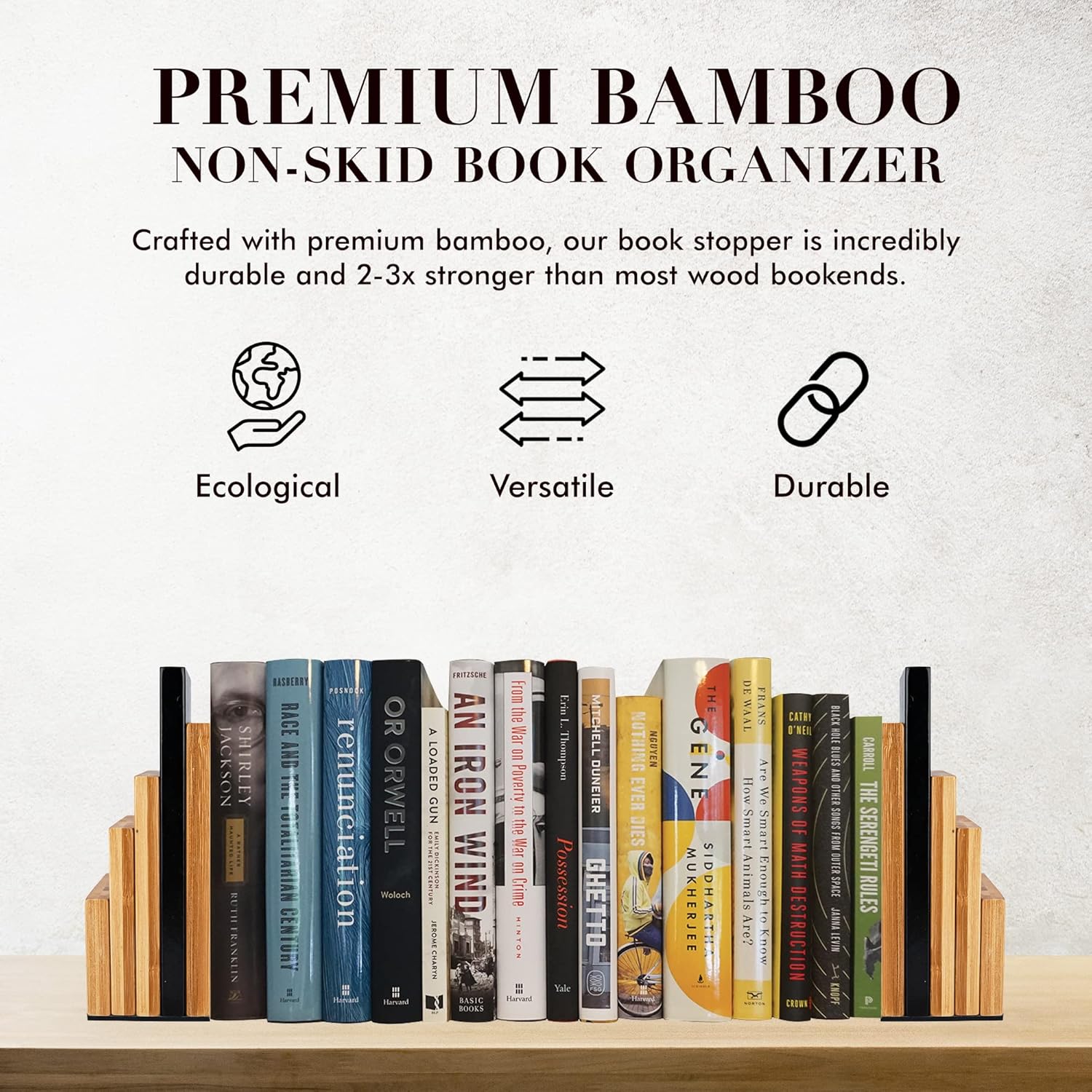 JUSK DESIGN Bamboo Book End/Book Organizer - Non-Skid Decorative Bookends for Office and Home - Book Holders for Shelves - Substantial Weight - Holds Heavy Books