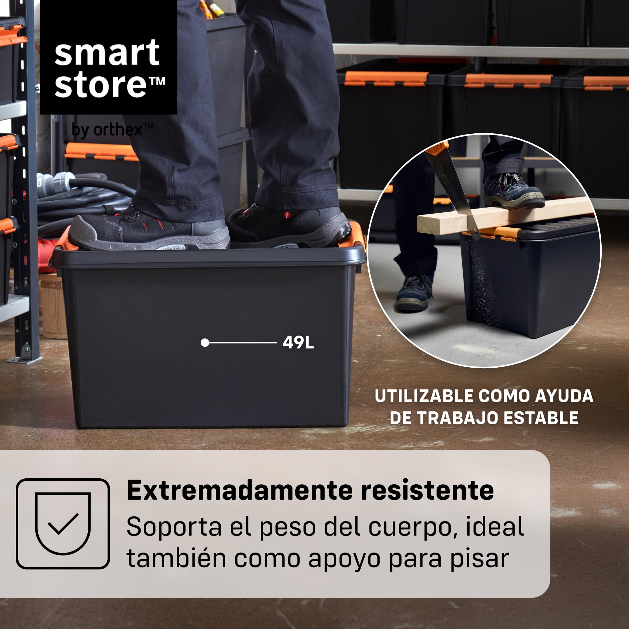 SmartStore Caja Almacenaje Resistente con Tapa I 49L I Pack 4 Cajas Apilables I Garaje Taller Mudanza I Cierre Clip I Made in Sweden I Negra I 59 x 39 x 34 cm