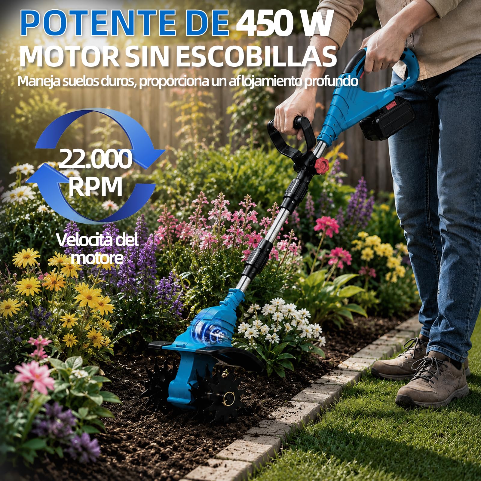 Azada con batería con motor sin escobillas para Makita 18 V, batería de 350 W, profundidad de trabajo de 16 cm, ancho de trabajo de 23 cm, (sin batería)