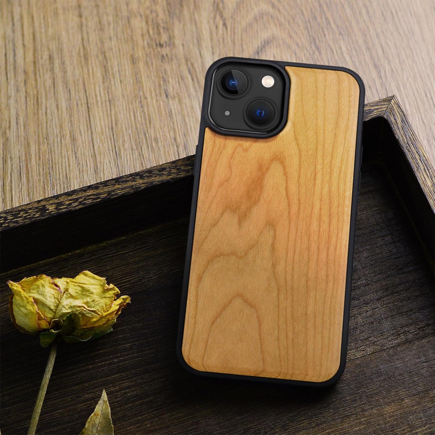 Carveit Magnetic Wooden Case for iPhone 15 Case, Compatible with MagSafe Wireless Chargers, Solid Wood & Black Soft TPU Shockproof Cover (Natural Grain) - Cherry