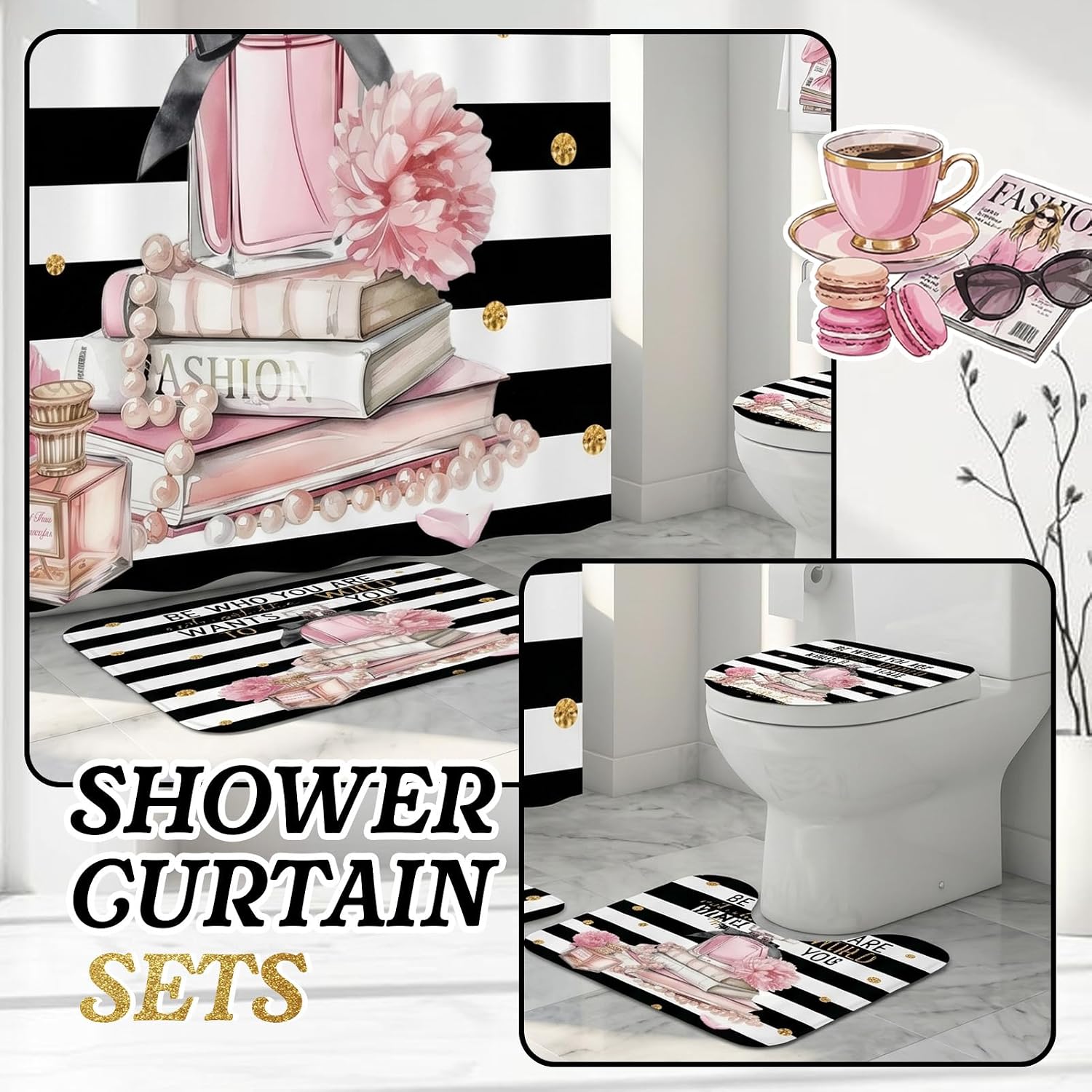 Britimes 10 Pcs Girly Pink Bathroom Sets with Shower Curtain and Rugs and Towels, Preppy Coquette Striped Bathroom Decor Shower Curtain Set with Bath Mat Toilet Rug 12 Hooks 6 Microfiber Towels