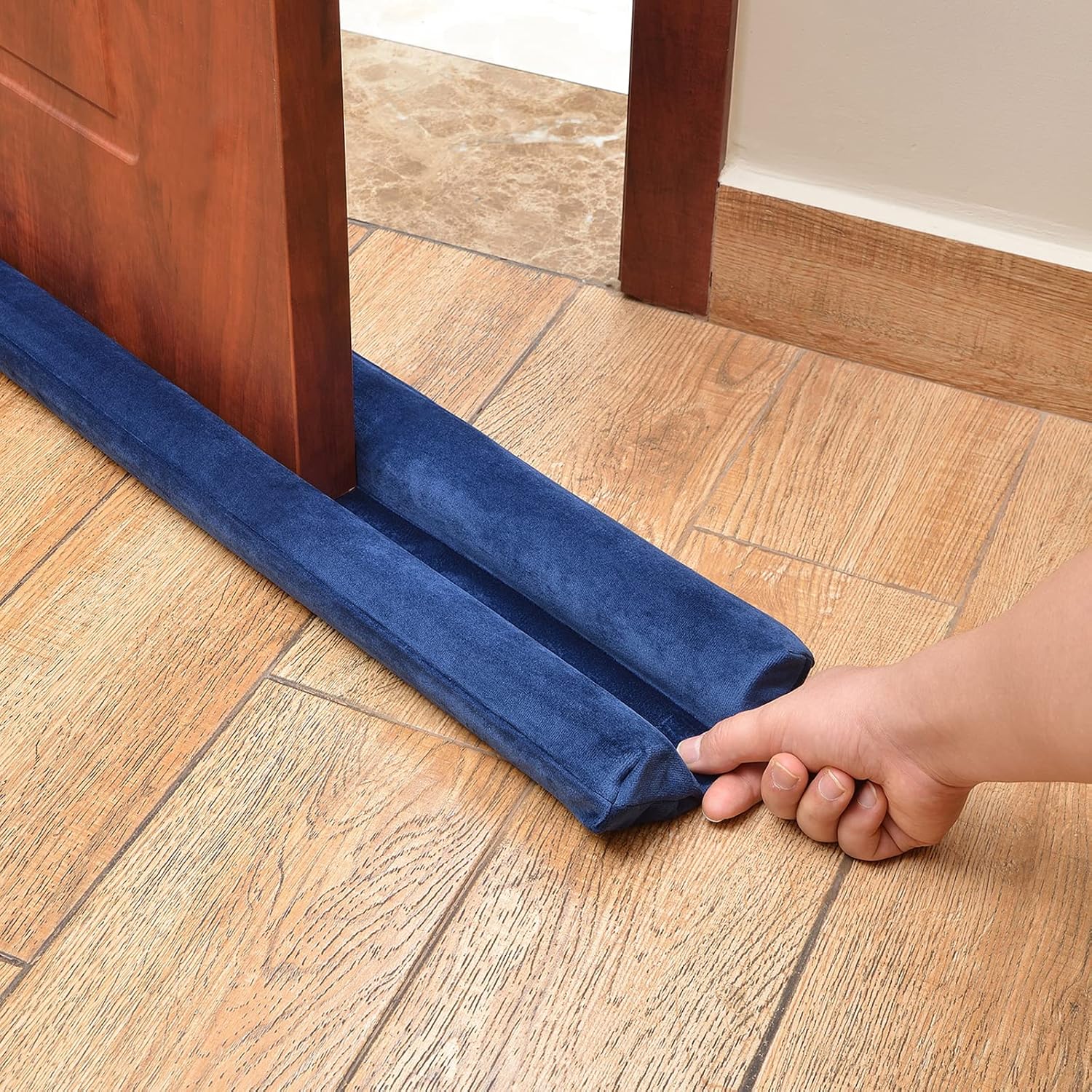 FOKICOS Door Draft Stopper Breeze Blocker Flannel Guard Adjustable Washable Weather Noise Blocker with Instructions (Navy, 1.7in)
