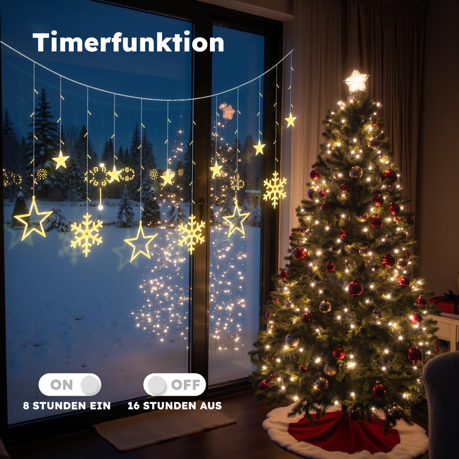 LEDYA LED Lichtervorhang Sterne & Schneeflocken, 1,65 m 138 LEDs Vorhang Lichterkette mit 8 Modi & Timer, Lichter mit Stecker für Weihnachten, Fenster, Schlafzimmer, Hochzeit, Party, Zuhause, Warmweiß