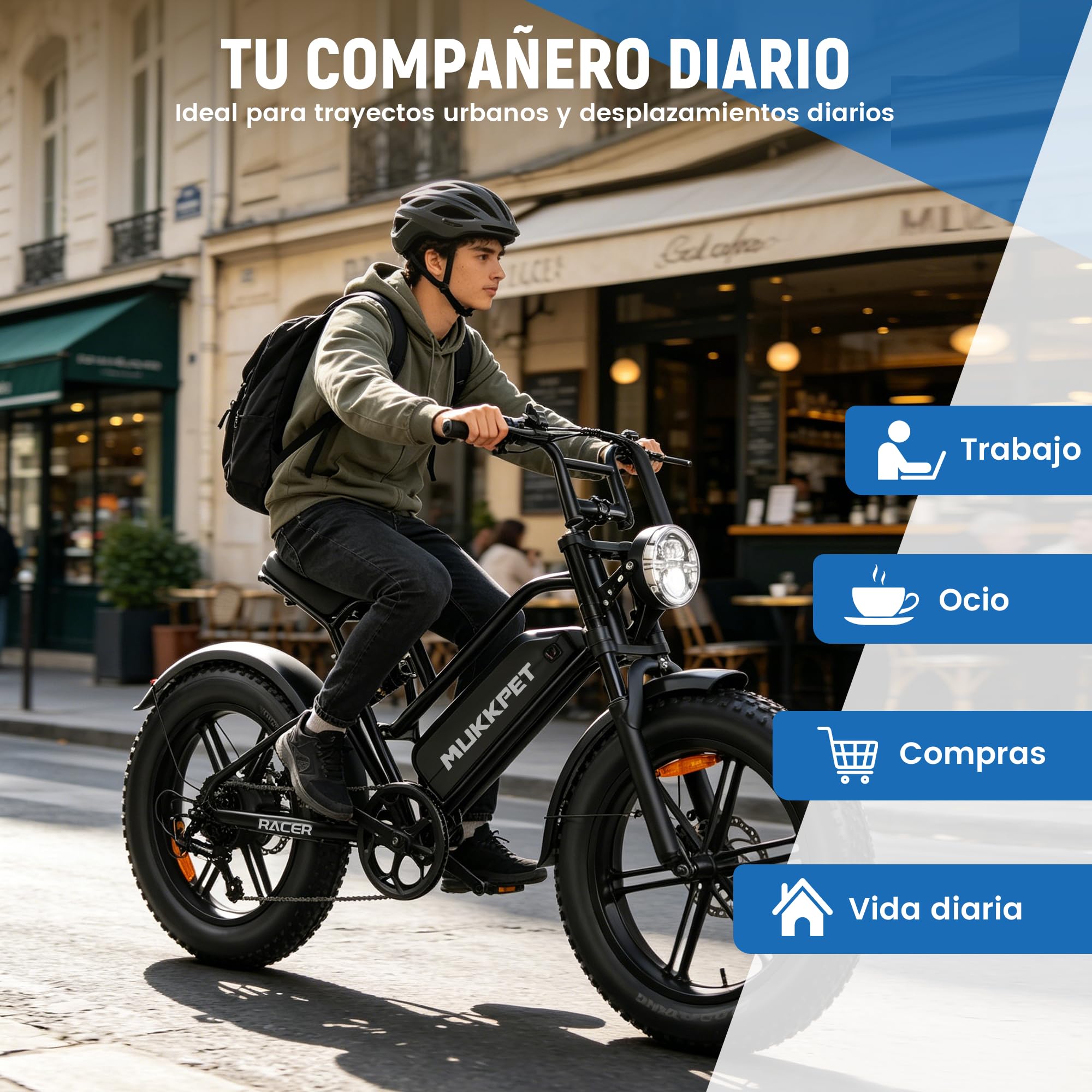 Mukkpet Racer Ebike, Bicicleta EléCtrica 48v 18ah 864Wh, AutonomíA 120 Km, para Adultos, Velocidad Legal 25 Km/H, Todoterreno, Doble SuspensióN, 7 Velocidades, NeumáTicos Fat 20” X 4.0