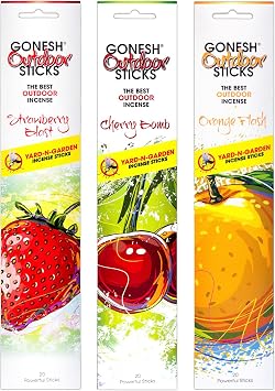 Gonesh Outdoor Collection - Incense Sticks Variety Pack - Non-Toxic 10 Slow Burn Aromatic Sticks - Strawberry Blast, Cherry Bomb, Orange Flash - 20 Count Each