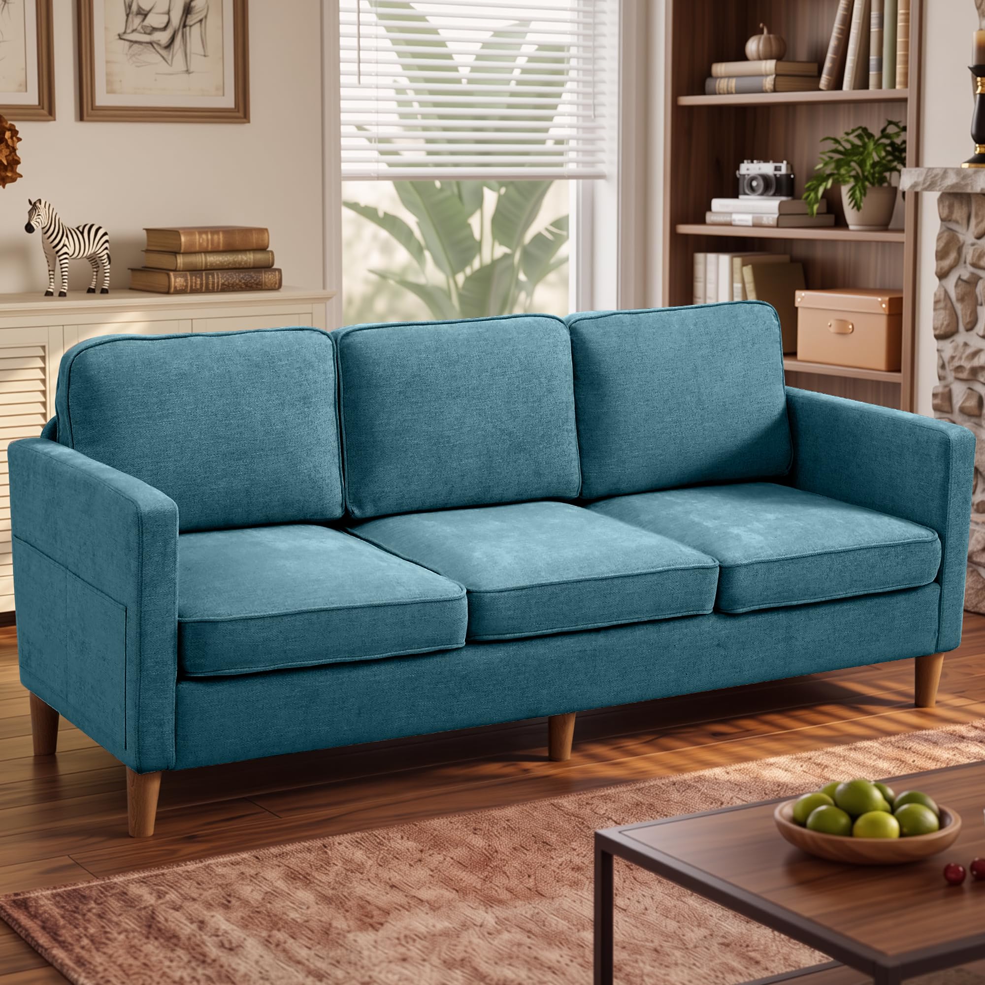 Chenille teal sofa with storage pocket
