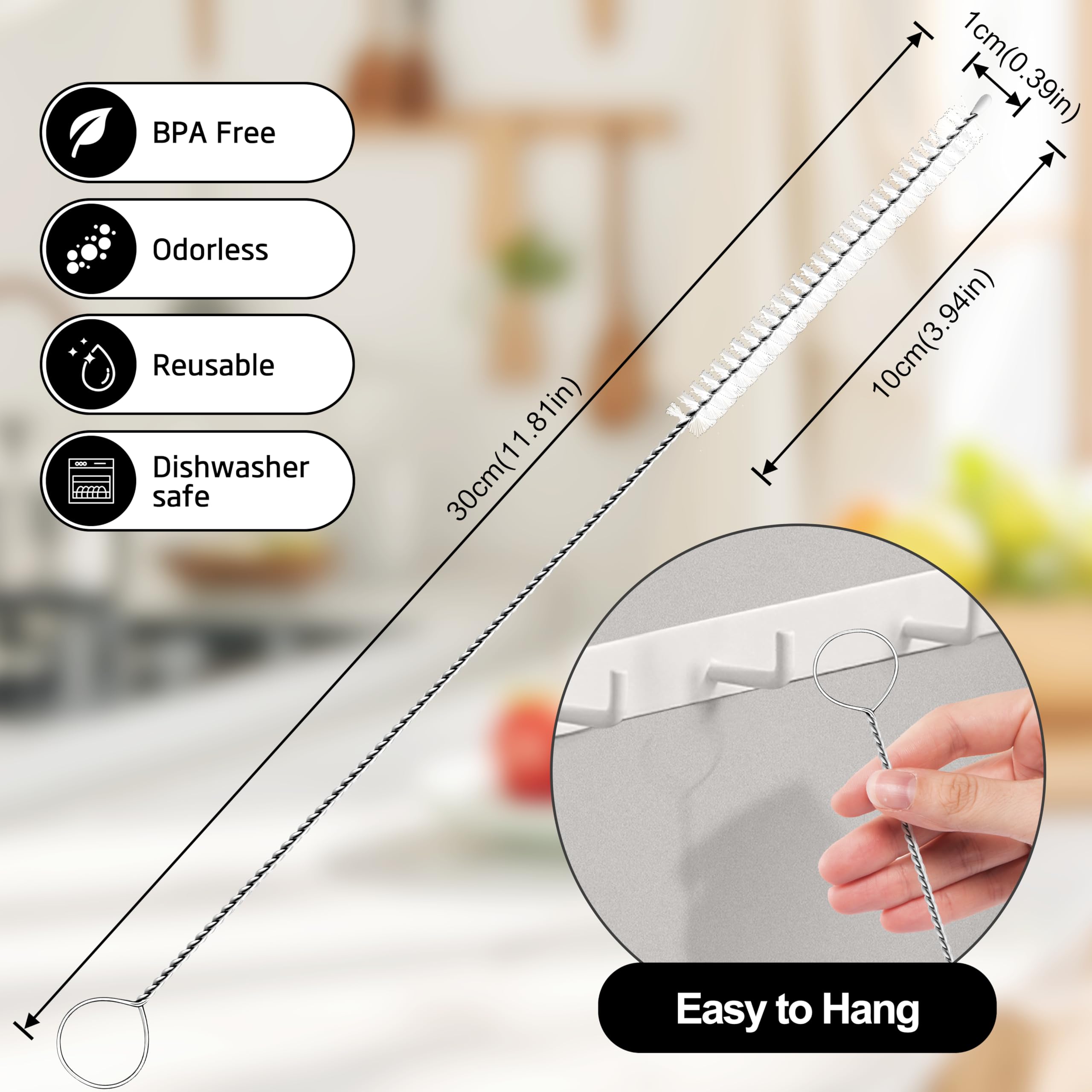 YUNGMAX Long Straw Cleaner Brush, 10 Pieces 30cm Stainless Steel & Nylon Pipe Cleaner for Cleaning Water Bottle Reusable Straws & Cups - Image 2